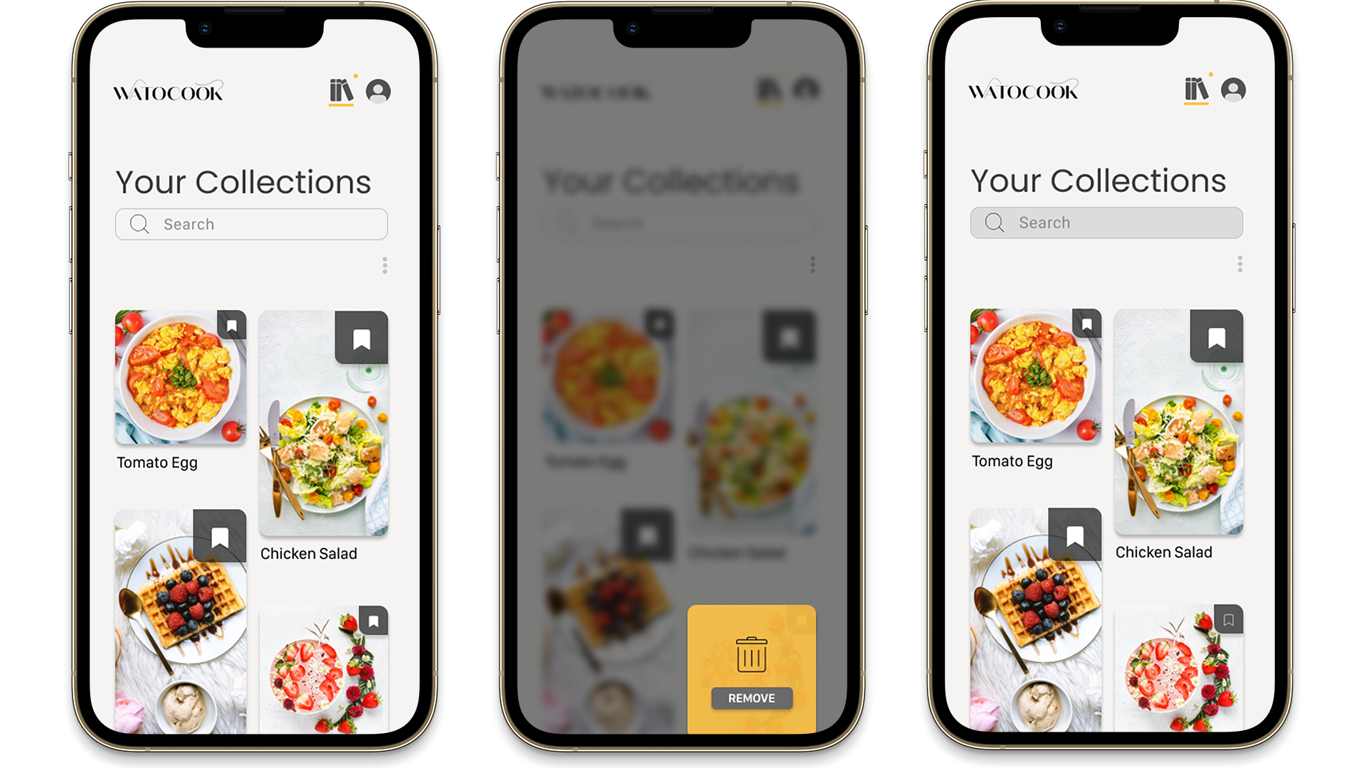 To remove collection, untag the bookmark icon, a call-to-action button pops up before the actual removal of the recipe.