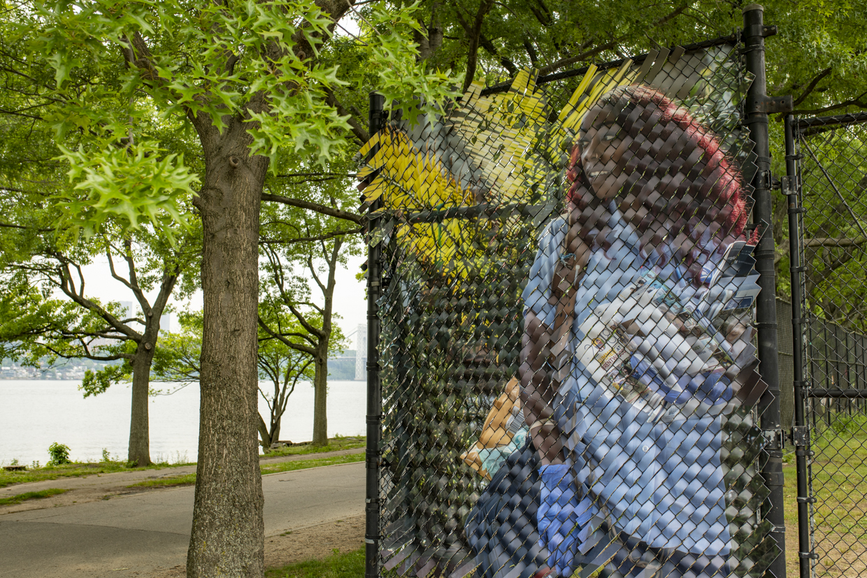 Deliver Us (v.10037 x 90291), 2020 salvaged steel gate, chain link mesh, and UV print on synthetic resin 63 x 143 x 2.5 in | 160 x 363.2 x 6.3 cm view: Riverside Park, Harlem, New York. 