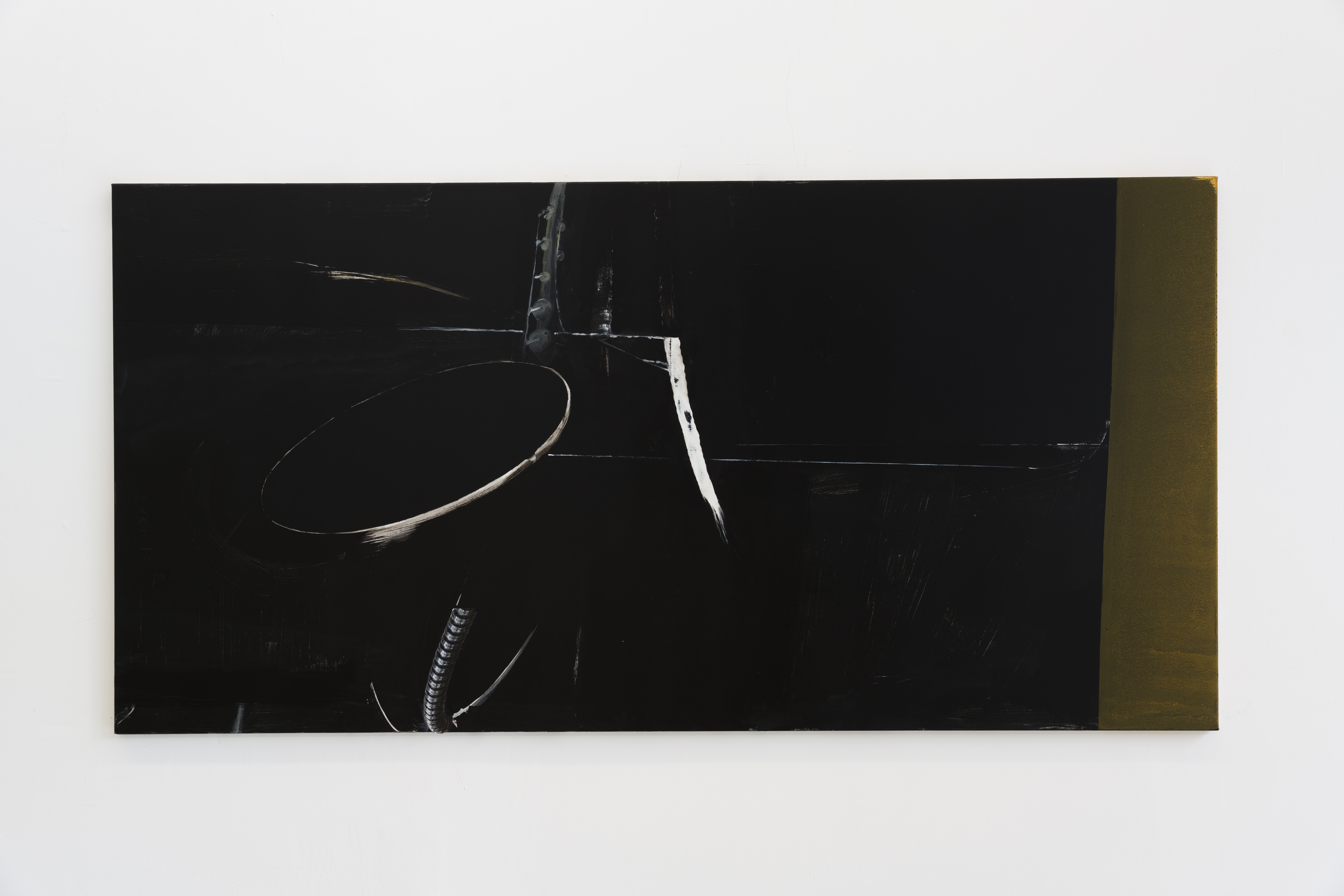 Drain, 2025, oil and laser print on linen 37 x 74 in. (94 x 188 cm.)