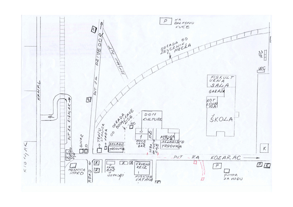 IT-94-1: Tadic. Copy of exhibit 309 as marked by witness L indicating the route of the 10 prisoners taken out of the dom towards the white house Document Type: Exhibit D38 • Date: 15/08/1996 • By: Defence counsel