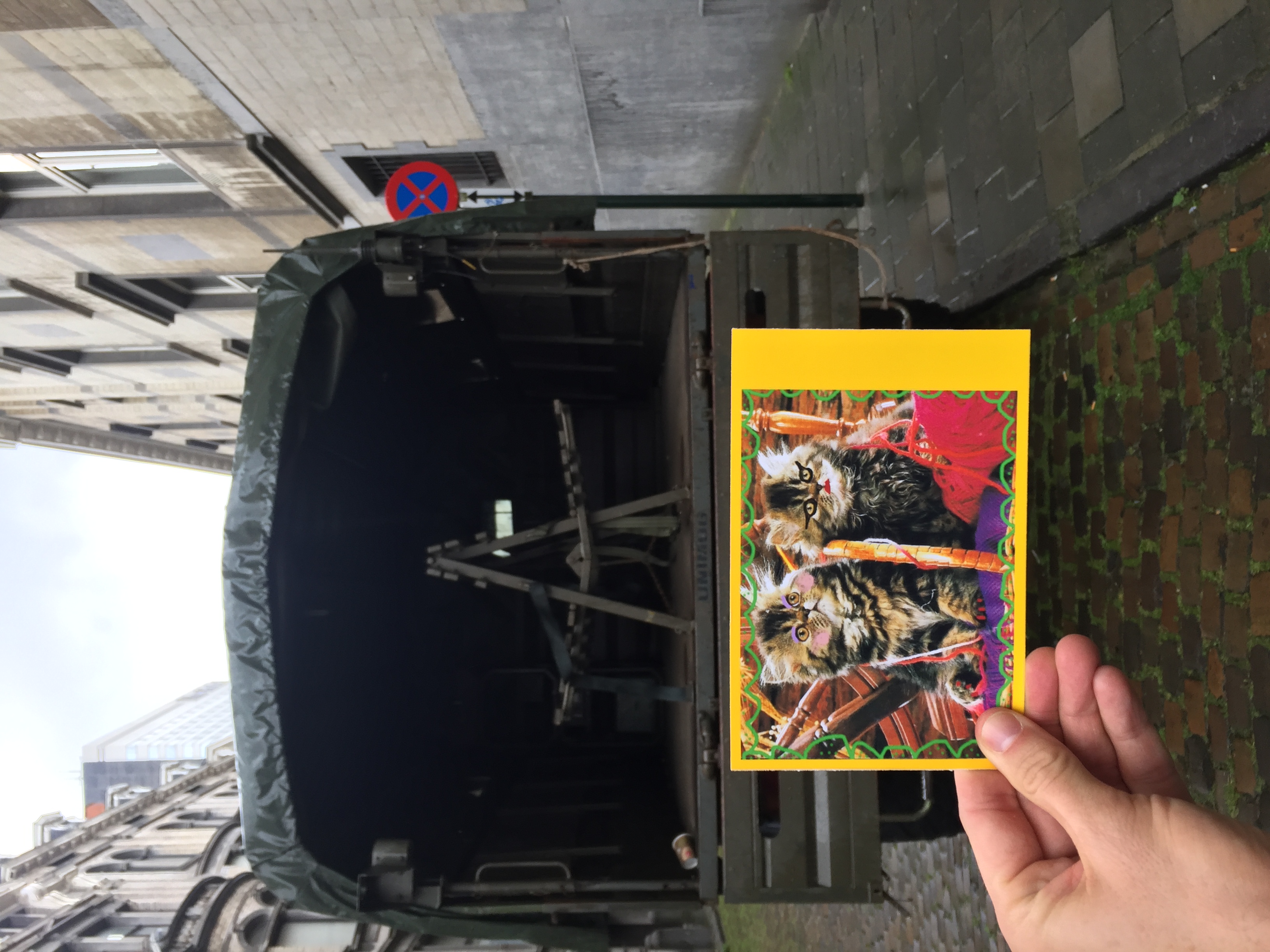 Molly made naughty cat cards to be placed at war memorials and on military equipment. I love how the card stands out against this imposing military truck vehicle. We placed this in Brussels sorta near the palace. 