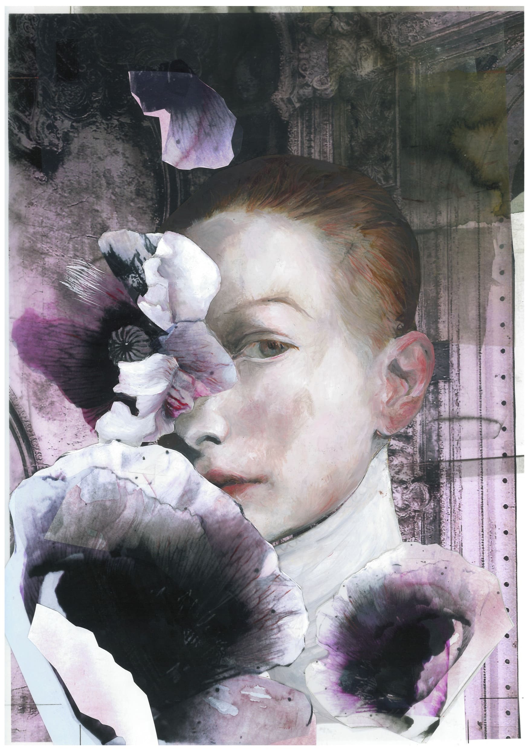 GertrudeOil paint on paper, collage with photo materialSerie: Hamlet/ Text: Bruno Blume, 28x44cmPublisher: Kwasi Verlag, Bern, 2016