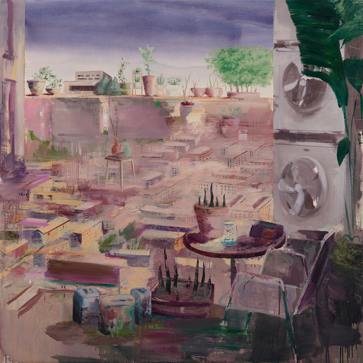Toys/Rooftop. 137 x 137 cm. oil and acrylic on canvas. 2024 - 6/15