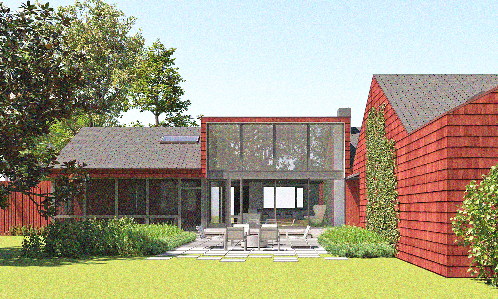 Rendering of the Red House's rear courtyard, featuring the iconic red cladding, outdoor dining area, and the double-height living room with expansive glass blurring the interior-exterior boundary.