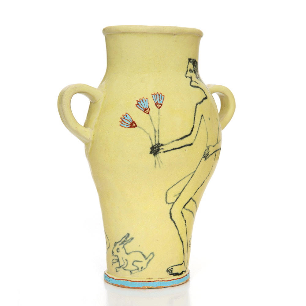 HN1255 A naked man on a yellow vase, 22.12.16Glazed ceramic stoneware27 x 20cm