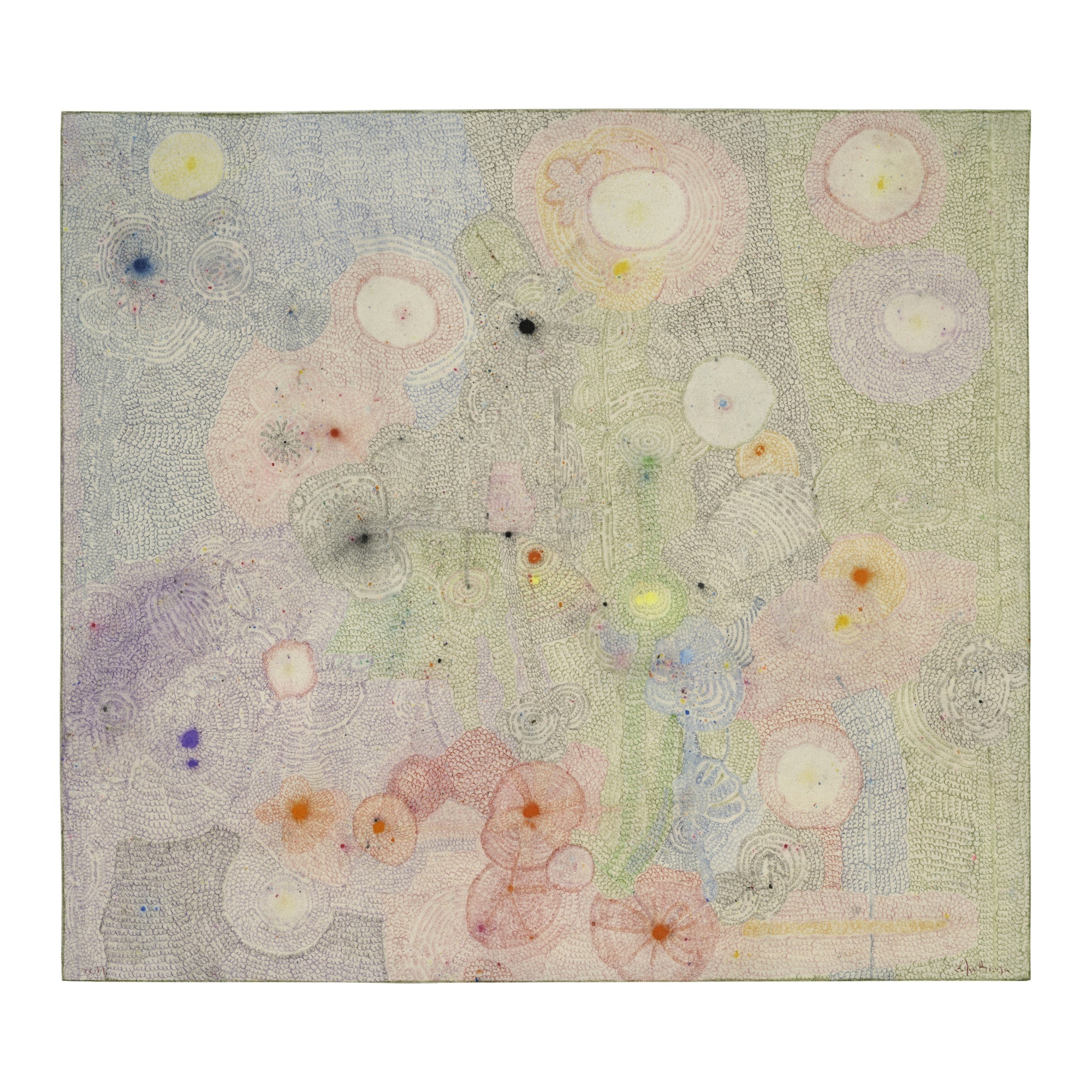 Full Blown Again, 2019 . Color pencil on raw canvas . 85 x 90 cm