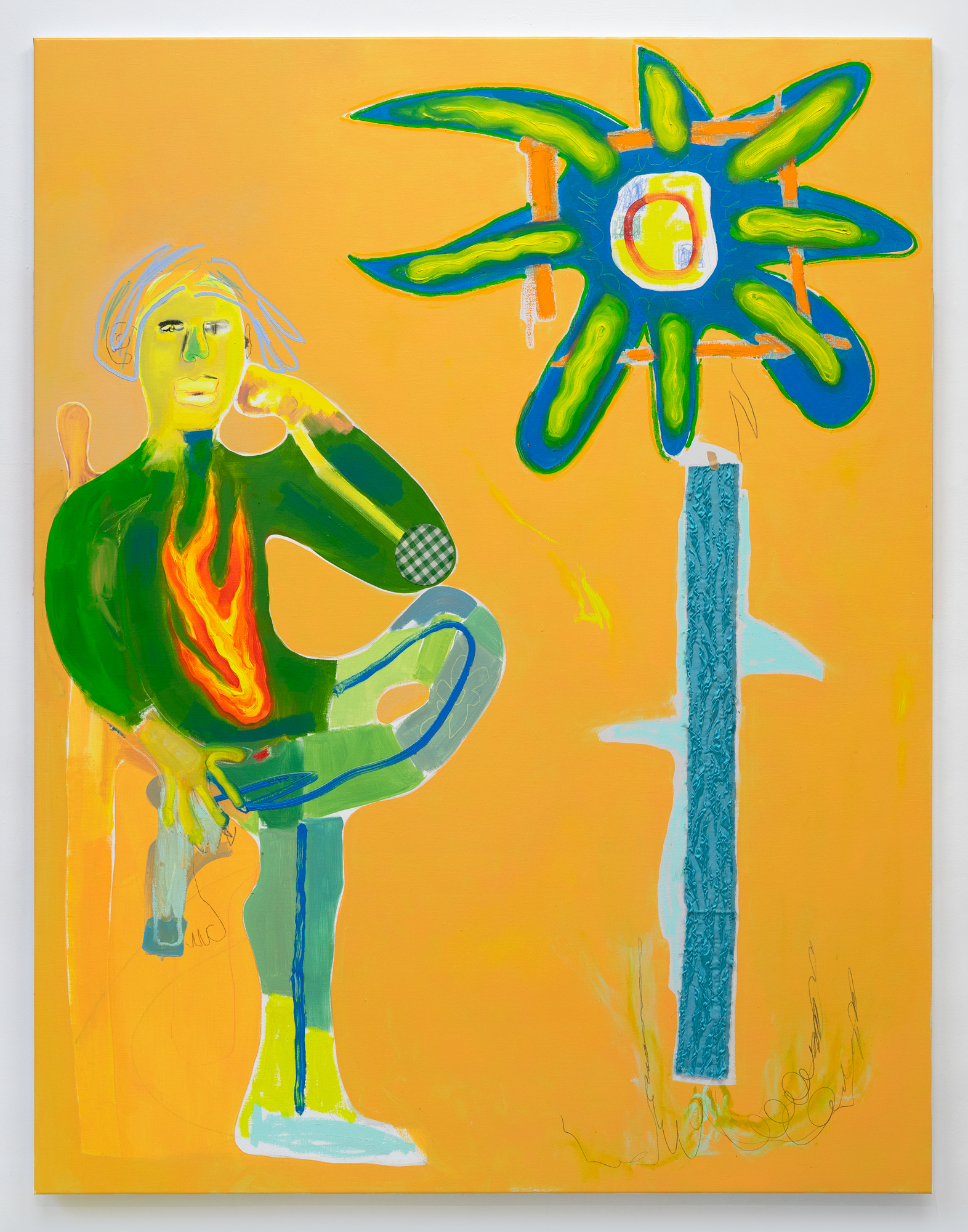 A BP flower and a man seated on fire, 2021 Oil, pencil and fabric on canvas180 x 140 cm