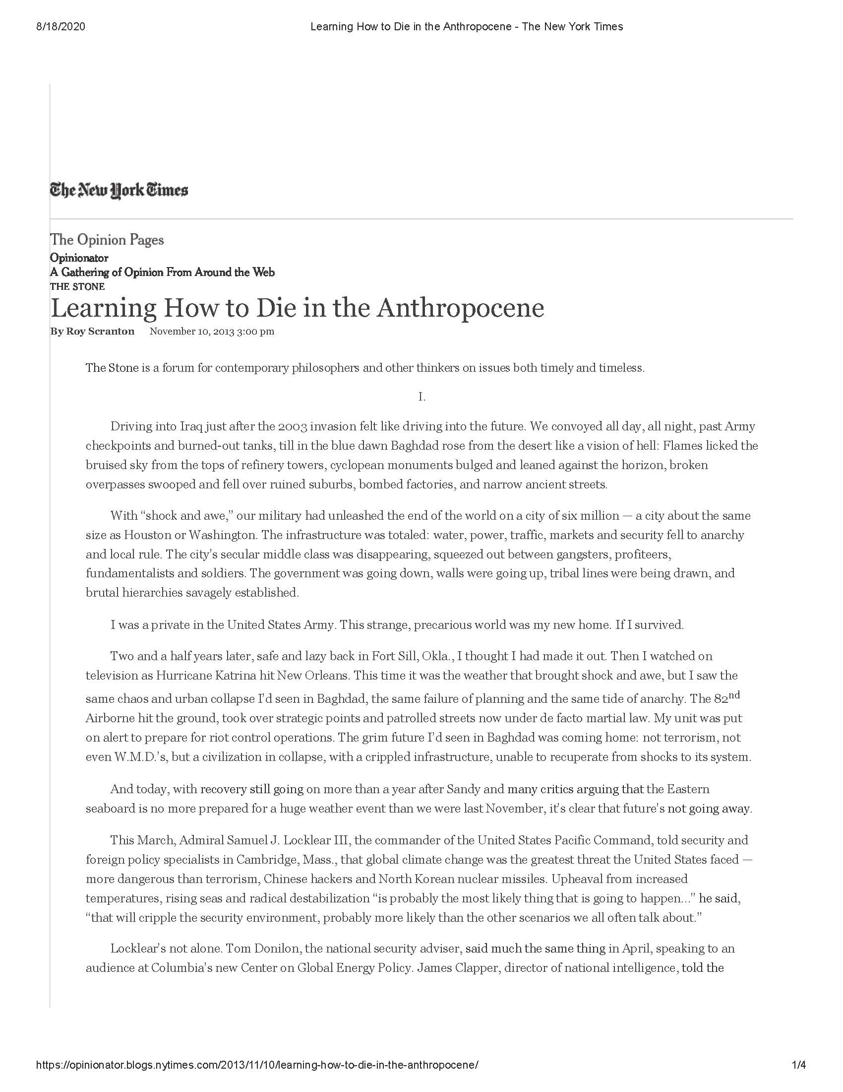 Learning How to Die in the Anthropocene | Scranton Roy