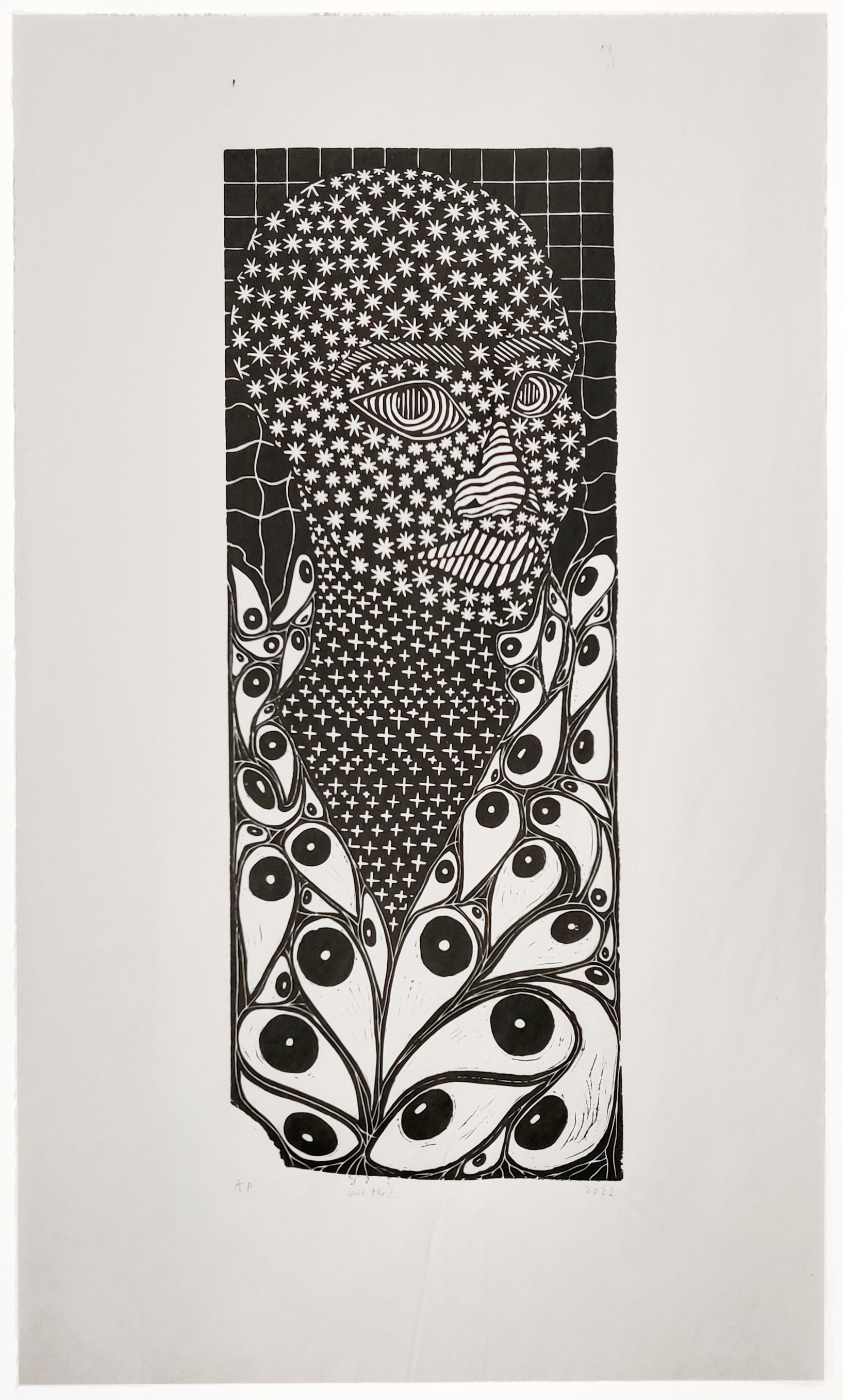 Untitled | Linocut on newsprint  | 16 x 28 in | 2021 | Photographed by Dara Etienne