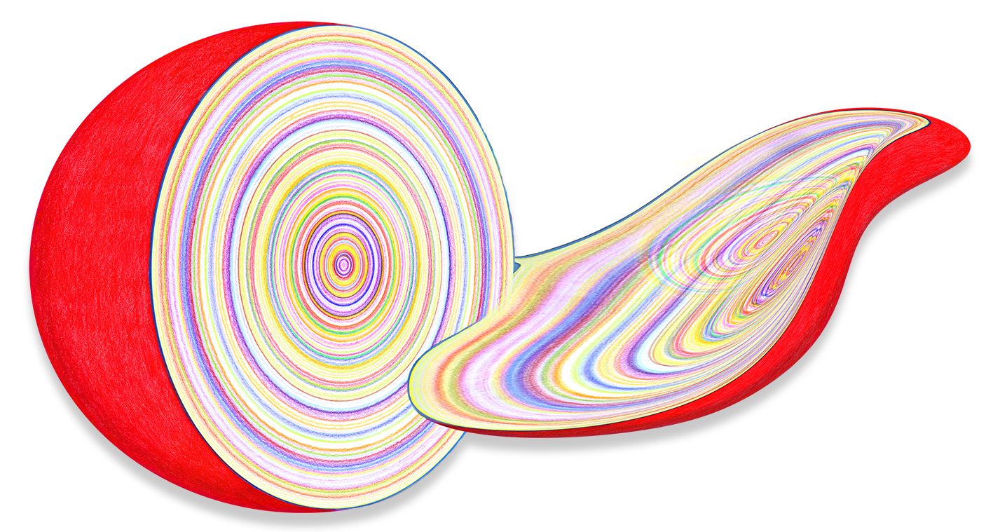 DESSIN SPACEMAKER Forme 2 – 2023. 62 x 98 cm. Travail digital imprimé d’après dessin crayon, et encollé sur support semi-rigide découpé. Matrice pour la peinture collage SpaceMaker 4 Après la pluie
