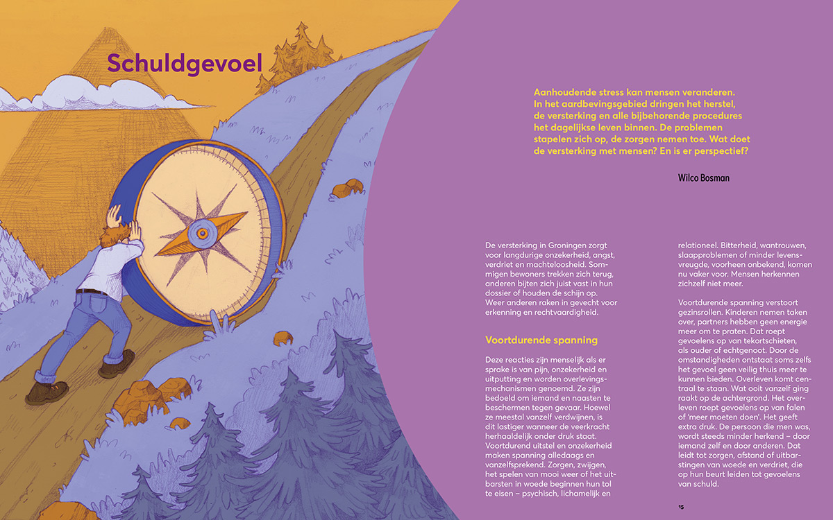 Editorial illustration spread / tijdschrift layout voor GVA Groningen project.