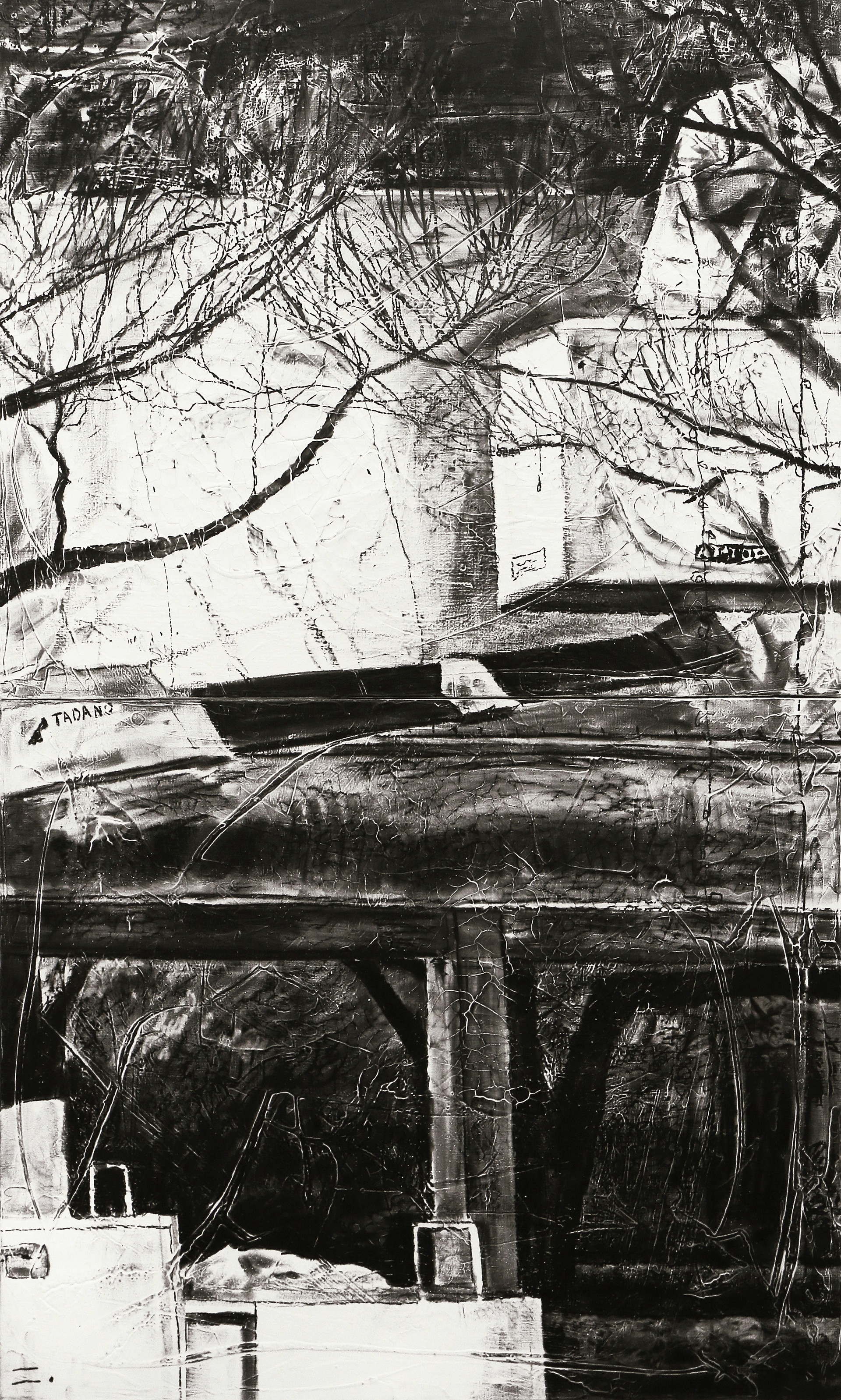 Mechanic in Fukuoka, 2019, charcoal, industrial paint on abandoned canvas, 121.2*72.7(cm)