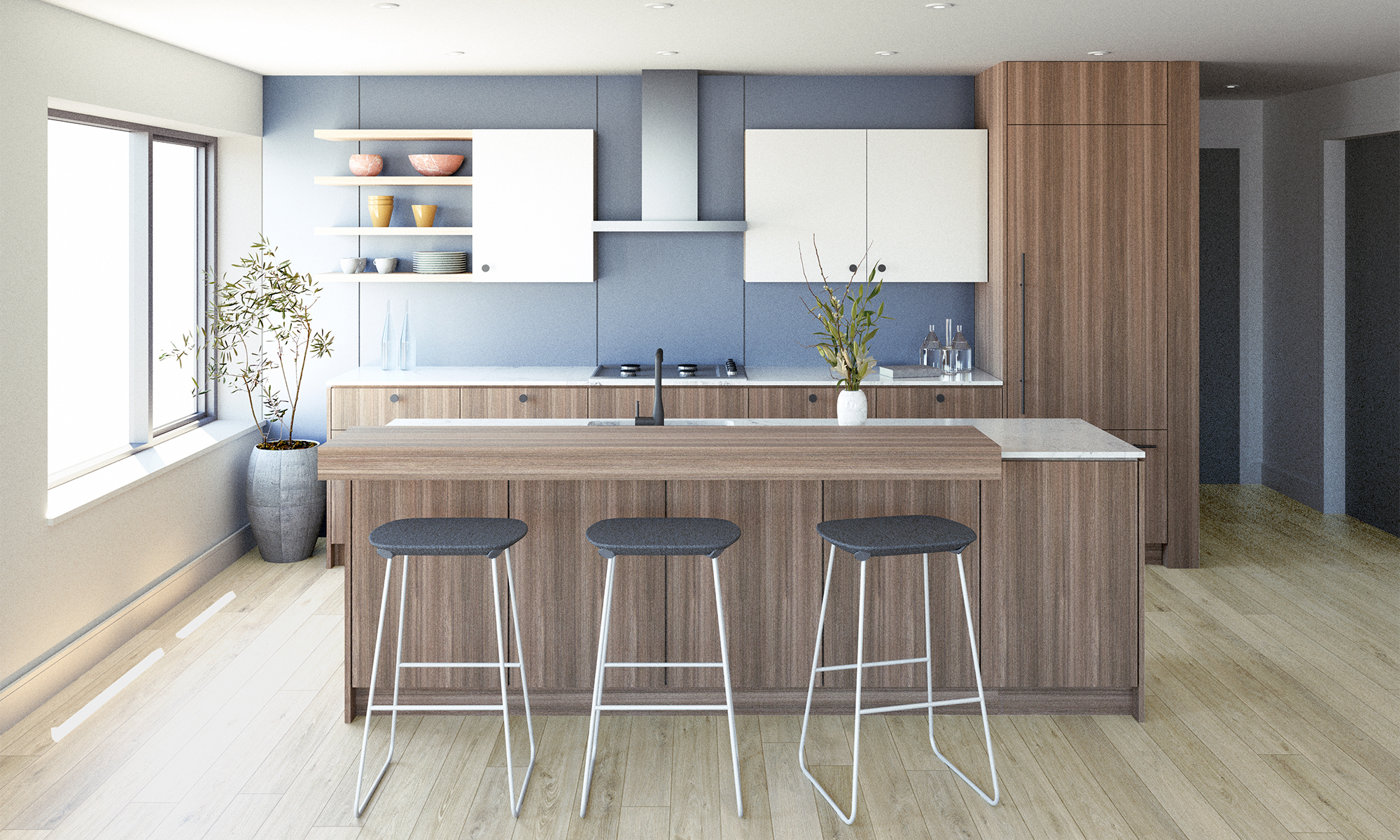 Architectural rendering of a Marin Hill apartment kitchen, featuring a blue accent wall, white upper cabinets, integrated wood lower cabinetry, a center island with bar seating, and light wood flooring.