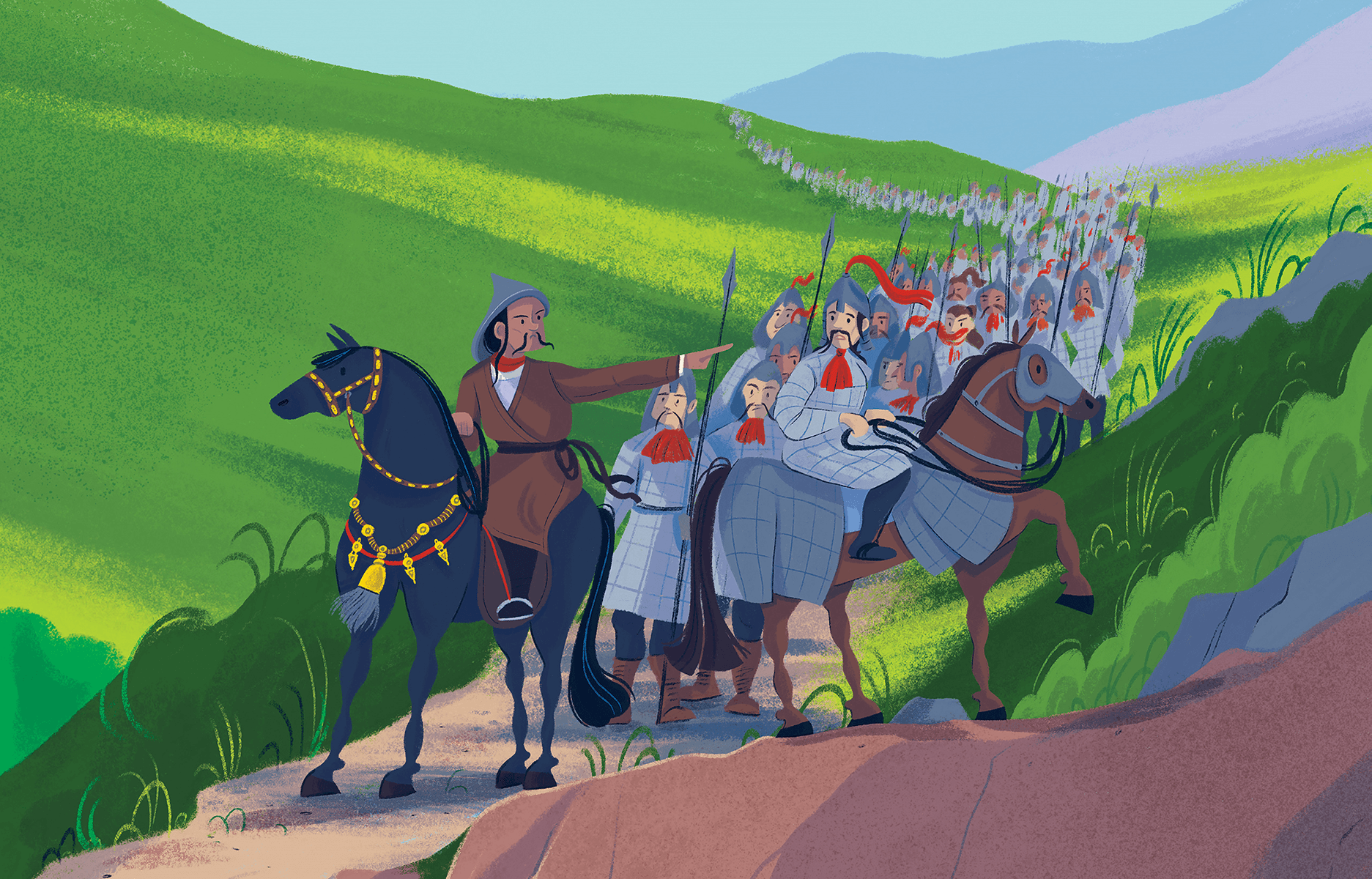 A captain on a horse instructing an army of man to war.