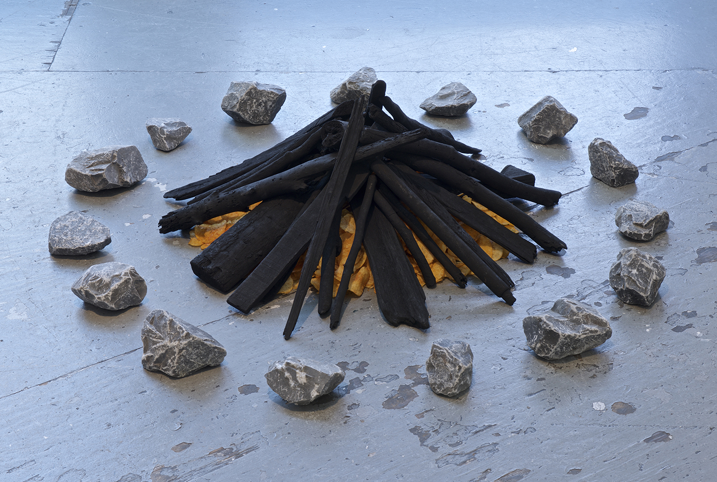 BBQ Pit - Wood, enamel paint, charcoal powder, BBQ potato chips, rocks - 2015