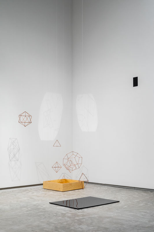 Amina Ahmed, Pondering the Fish, 2019, a drawing on site: graphite, paper, cotton thread, copper, light, mirror, water, shadow, paint.  Photo credit: Rafael Gamo.