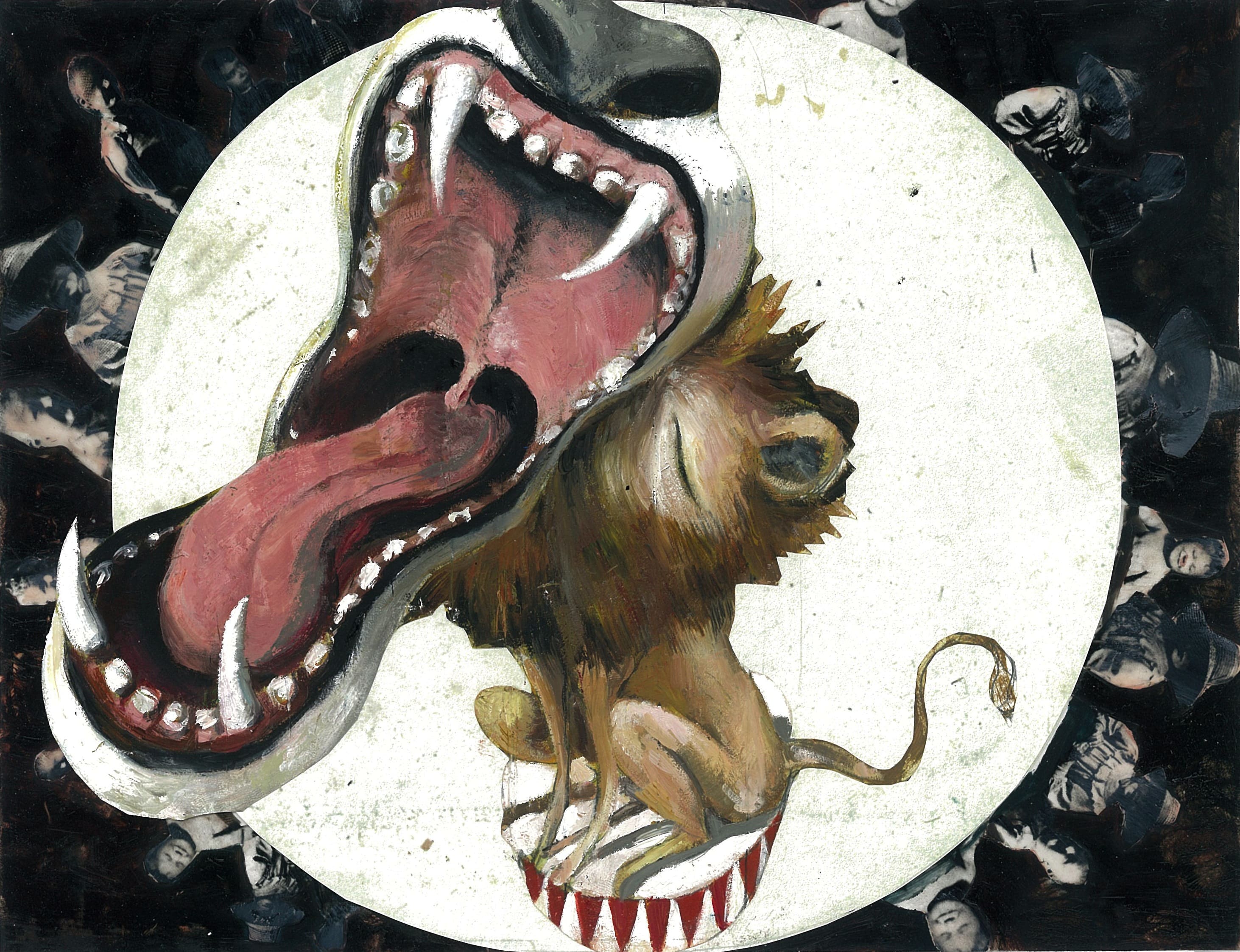 Whoever roars, feelsOil paint on paper, collage with photo material, 25x19 cmCollective project with Bruno Blume (text) Jacky Gleich, Quint Buchholz, Verena Ballhaus, Nadia BuddePublisher: Hinstorff Verlag, Rostock, 2006