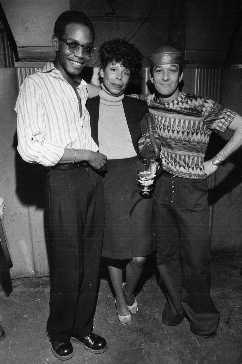 Willi Smith, Bonnie Brownfield, and Bobby Breslau at event in New York City, photographed by Bill Cunningham, ca. 1970