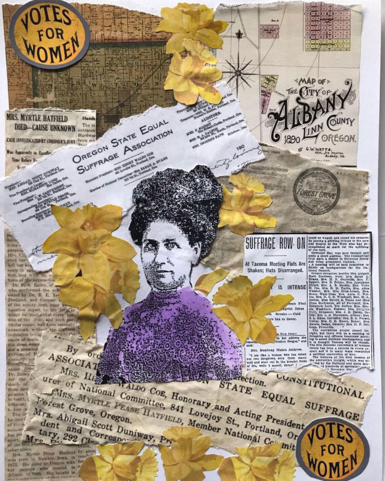 Myrtle Pease Hatfield for @pariscollagecollective open call #pccwomensday2022 She was Oregon State Equal Suffrage Association corresponding secretary from 1905-1912 working along side Abigail Scott Duniway.Her day job was with the Boys & Girls Aid Society for neglected children. Oregon got the vote in 1912. Myrtle died the following year at age 40. Jonquil (daffodils) were the flowers used in Oregon during the events.She inspires me so much because she dedicated over 7 years of her life for Votes for Women. This is part of a personal project I’m working on this year for Forest Groves 150th [kitchy collagist]