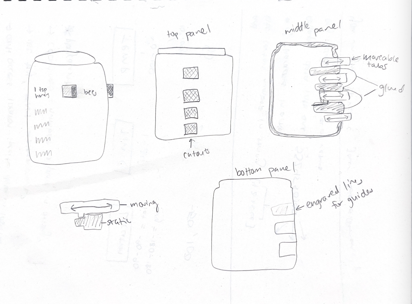 Original sketch of the toy, where I tried to envision how the tabs would work