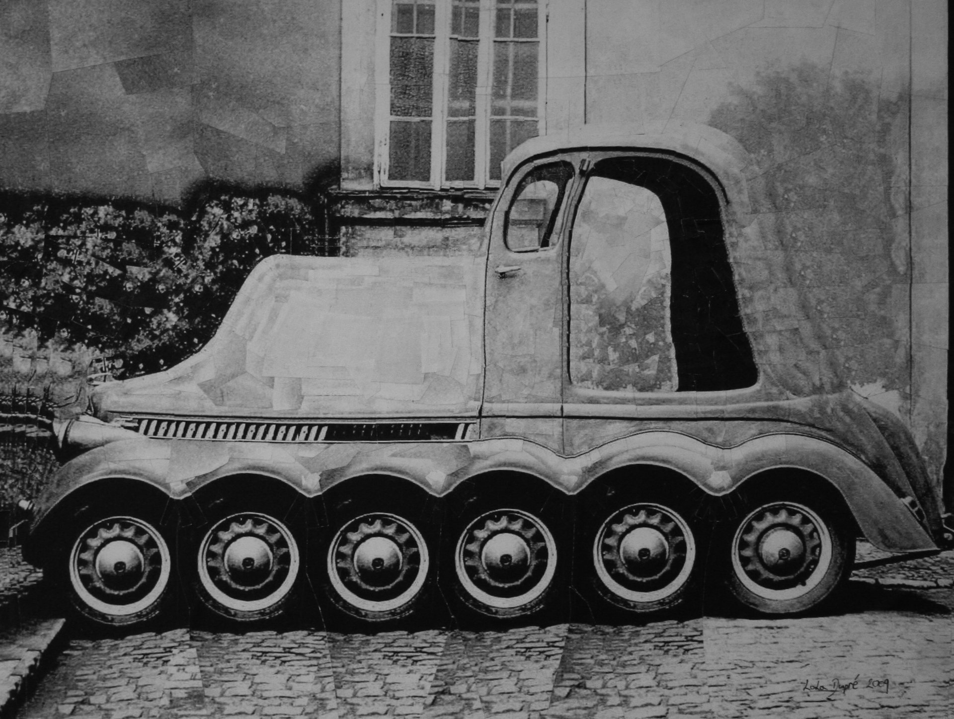 Škoda Popular 1100. by Klaus.D Peter, paper collage on panel, 2009, 12.5 x 9.4 inches