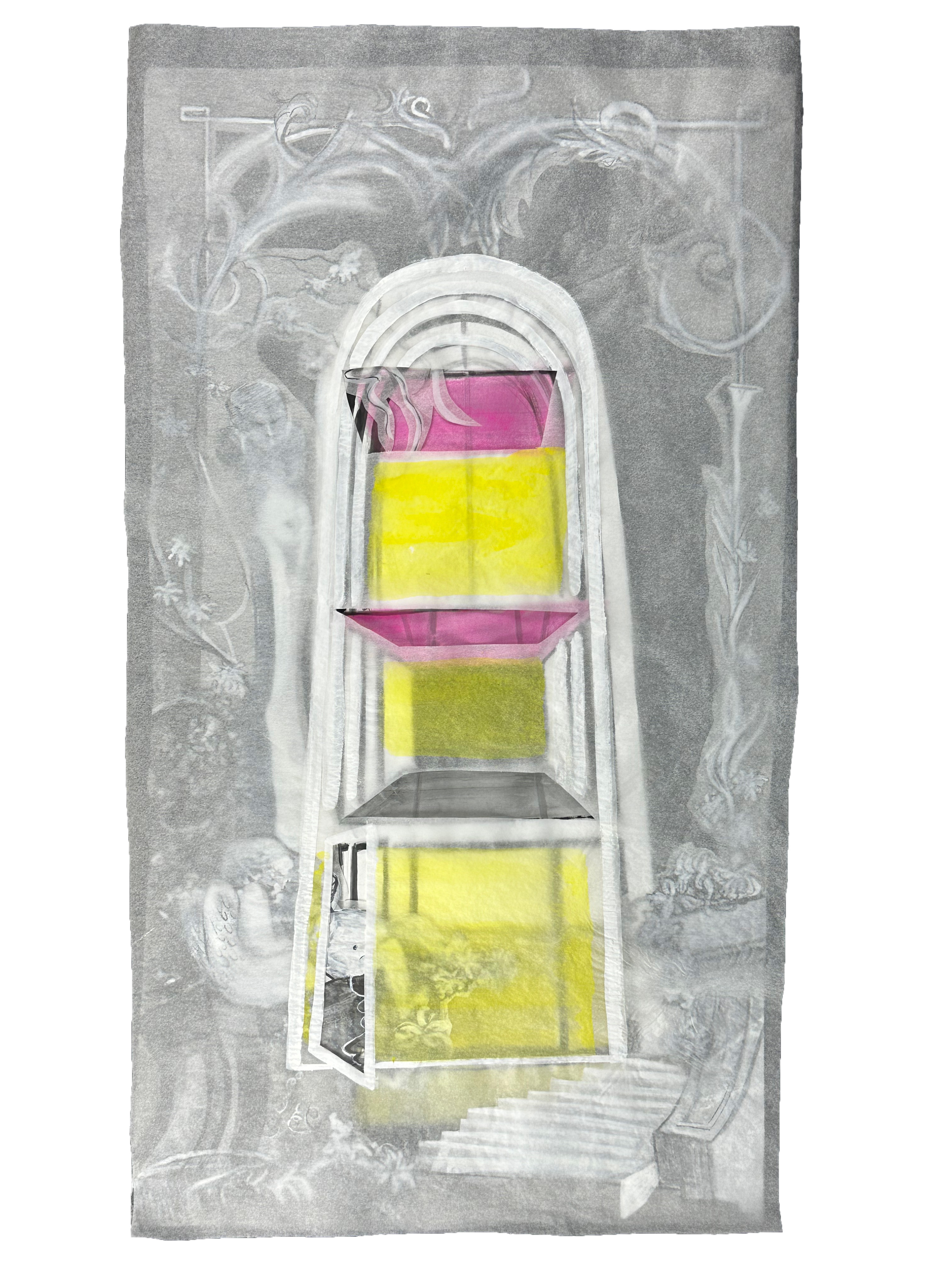 "Two ways of seeing:  Boucher's Bower" watercolor on layered paper, 36 in x 20 in, 2024