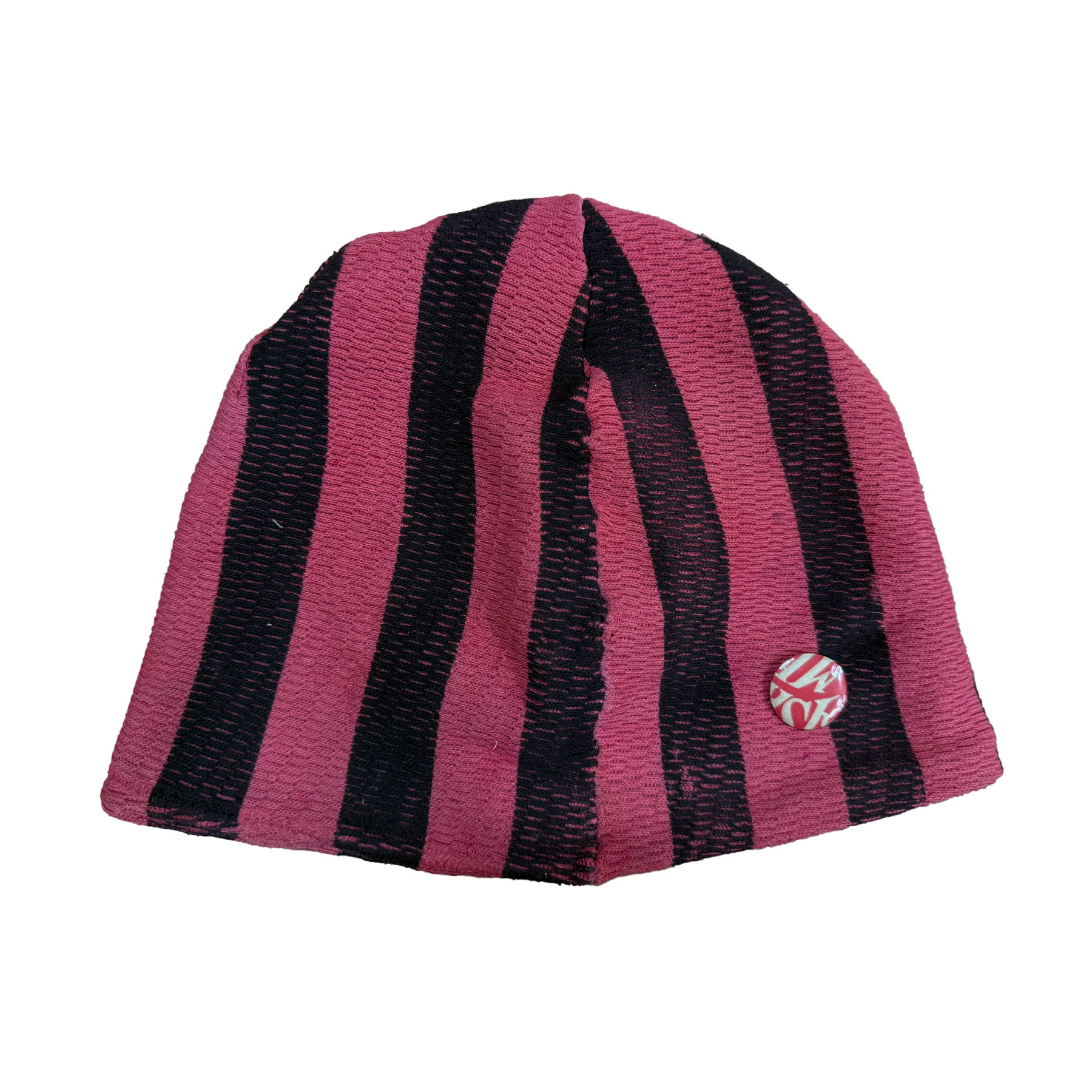 cut & sew beanie made from surplus vintage long john thermal, screen printed with dye on both sides, fitted with custom button