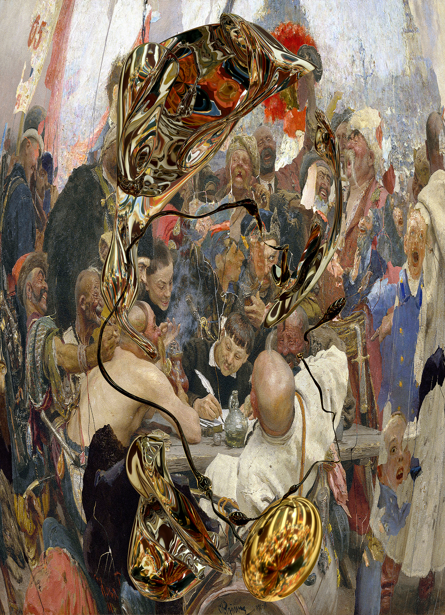 F. P., Acceptance: Boundaries VI, 2022. Sampled from works of Ilya Repin (1844–1930), Reply of the Zaporozhian Cossacks, Demonstration on October 17, 1905 and Ceremonial Sitting of the State Council on 7 May 1901 Marking the Centenary of its Foundation.