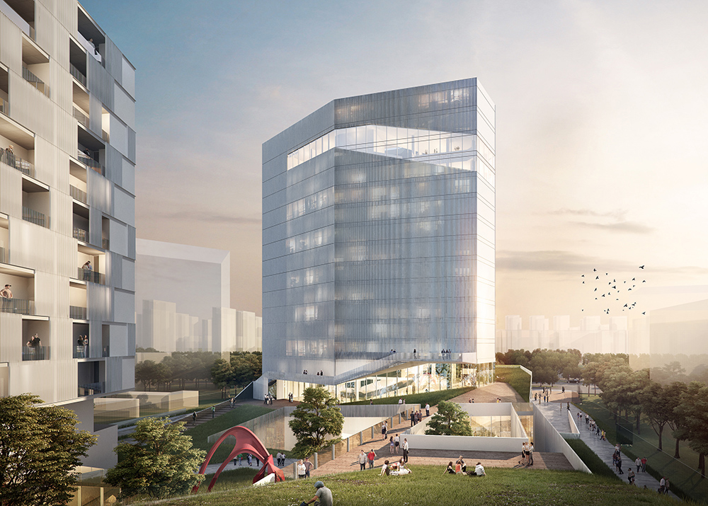 the hotel seen from the green roof of the podium