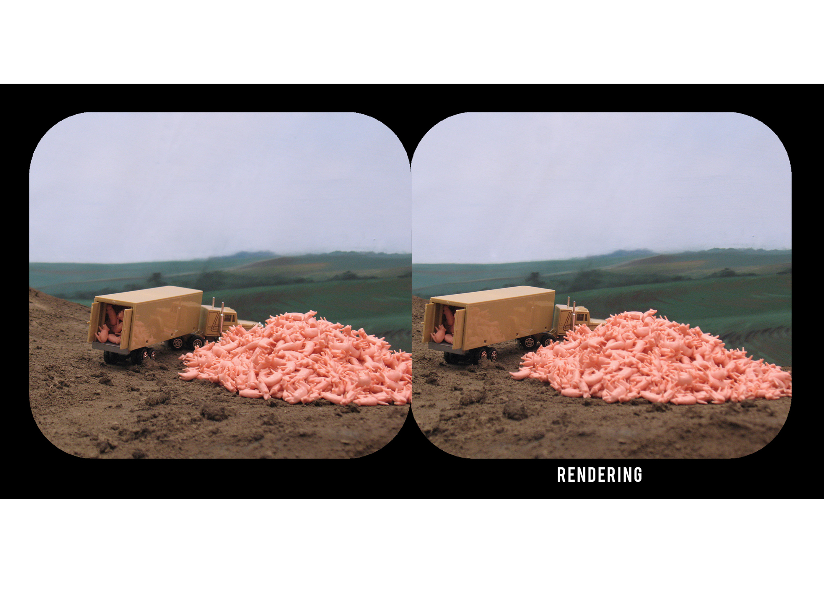 Stereoscopic 3D illustration of methods of carcass disposal for catastrophic hog mortality based on recommendations from an Extension publication.
