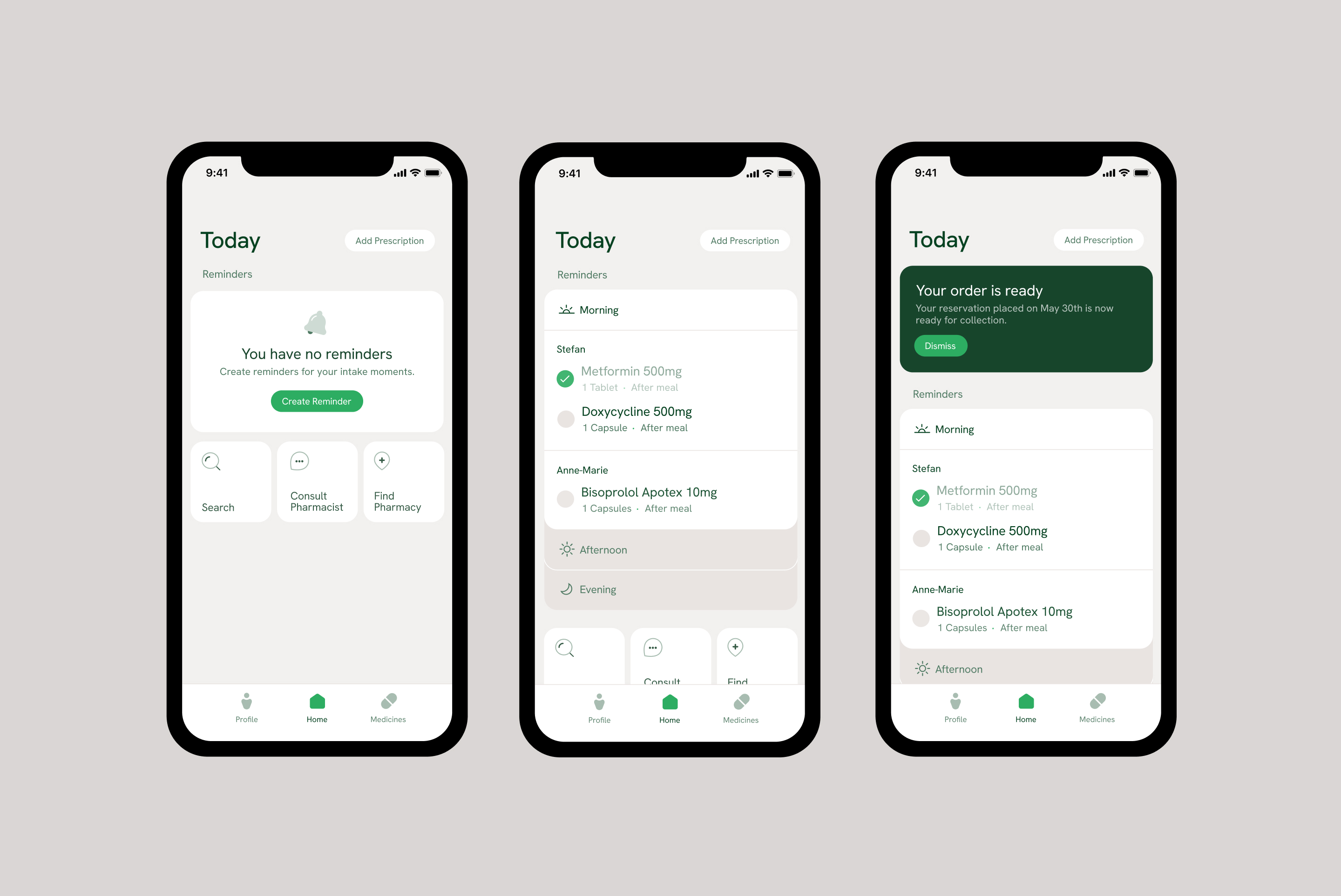 The role of the home is to assist users in completing actions and providing them with information regarding their schedule, the status of their medicines, new prescriptions, and various other information from their pharmacy.