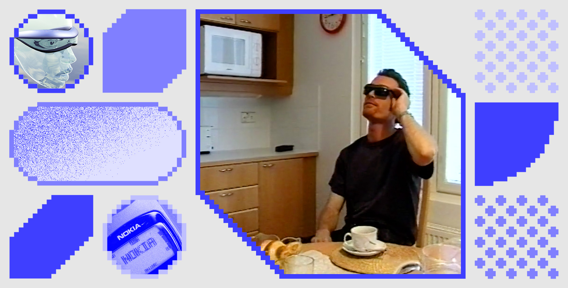 Different geometrical shapes in various sizes form a graphic composition. Some of the shapes have images incorporated in them while some have been filled with different shades of blue. A circular image shows a digitally rendered woman’s head wearing a technical device over her eyes. Another circular image shows the screen of a Nokia mobile phone. A rectangular image shows a man sitting by a kitchen table wearing a pair of sunglasses and touching them with his left hand.