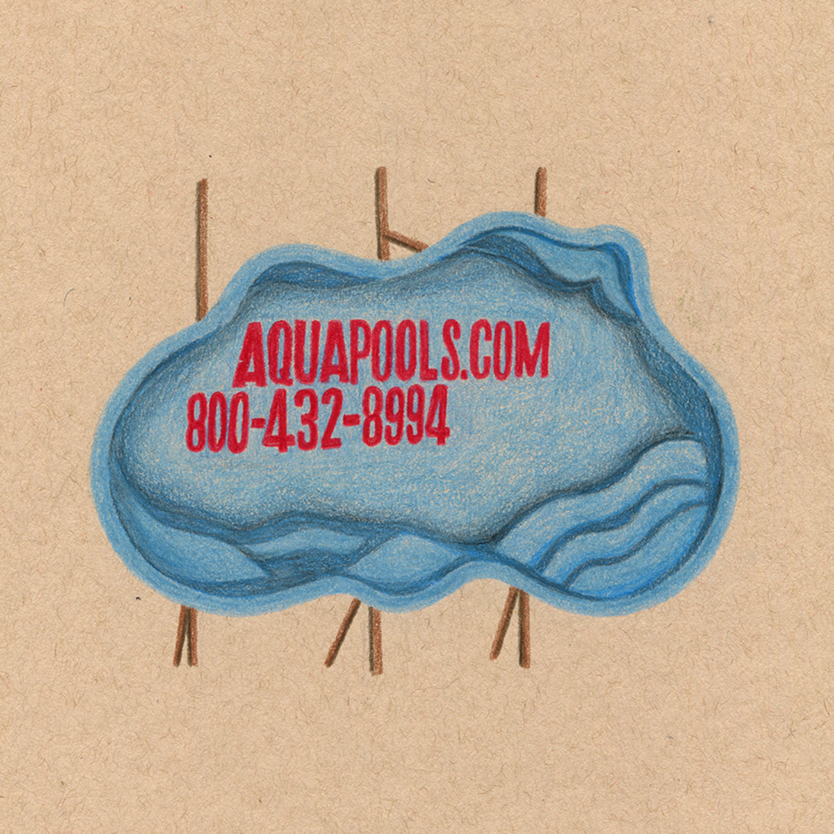 Aquapools.com Sign, colored pencil drawing on toned paper 8x8"
