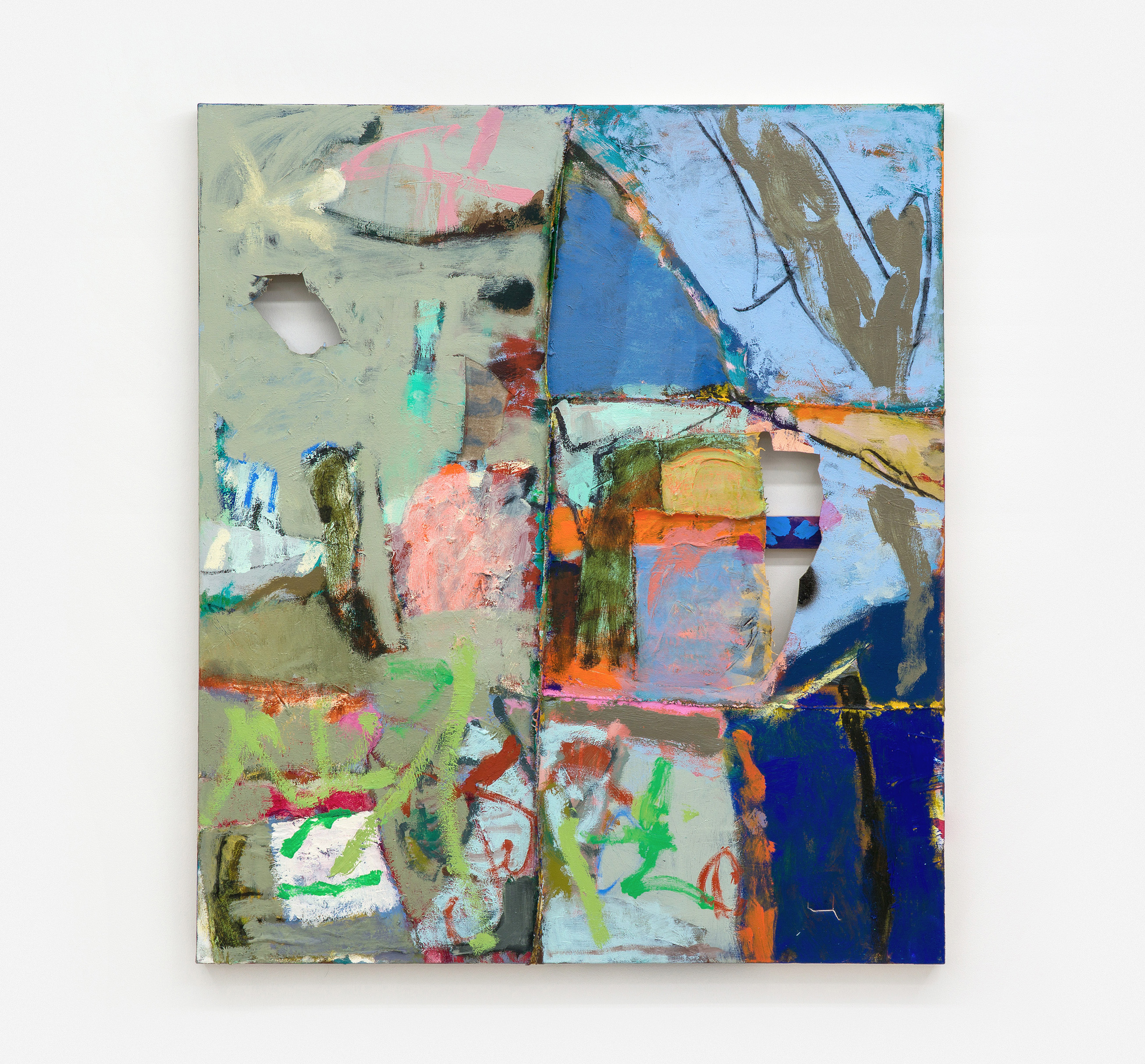 No prize, 2025 – Oil, acrylic, charcoal, spray paint, paper on collaged and hand-stitched canvas and linen, 115 x 100 cm