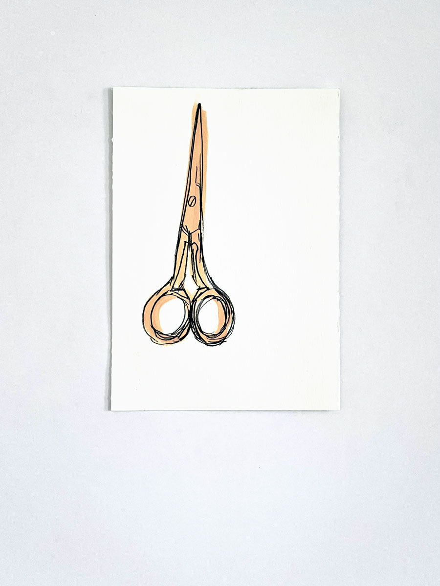 26/26 — SCISSORS.During her residency at the MQ21 in Vienna, Austria, as part of her Fulbright Independent Scholar appointment, Quinn began working on a companion drawing project to The Haircut while conducting new research on women's representation in media.  Charcoal, drawing pens and markers, oil pastel, paint, and pencil, the group of seventy-some drawings ranges in size from A5 to A2 on various papers; 2021-ongoing.