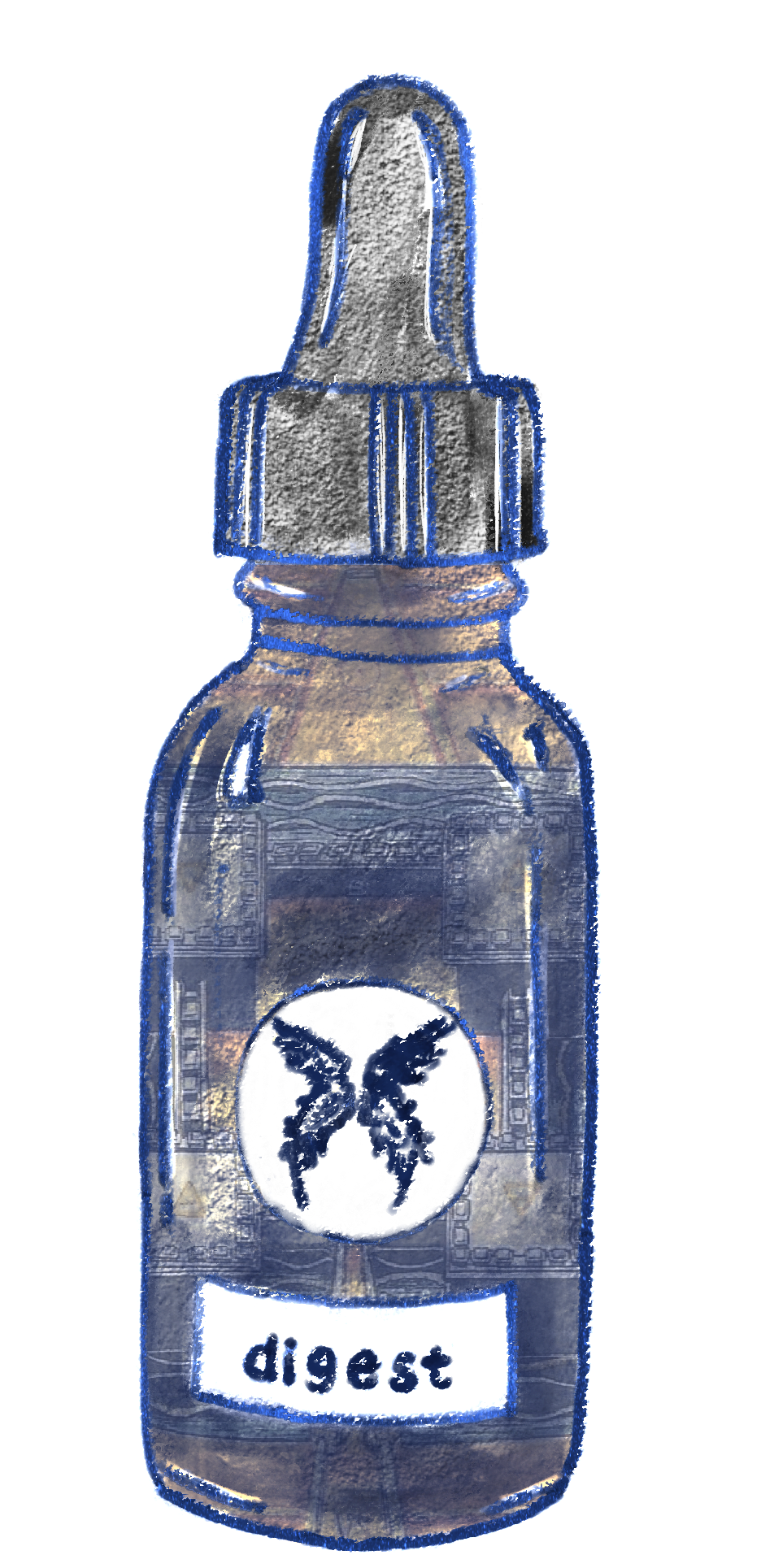 vero's illustration of a blue-tinted glass dropper bottle with butterfly logo and label "digest" and the image of 4 of pentacles from thoth tarot contained within the translucent bottle
