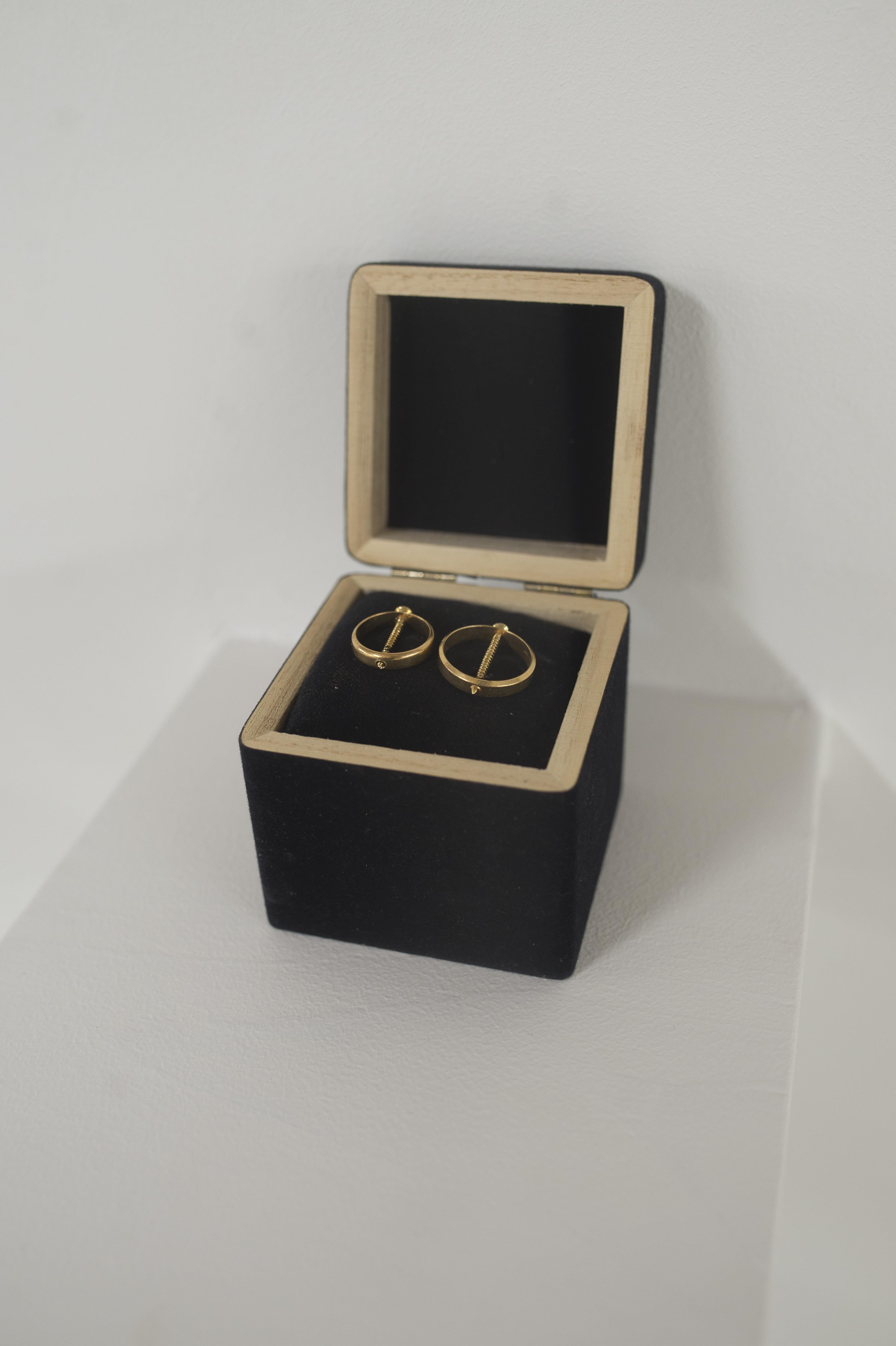 Forever yours,2010, fedi nuziali genitori artista con vite in oro su scatola in legno e velluto cm 10x10x10 circa