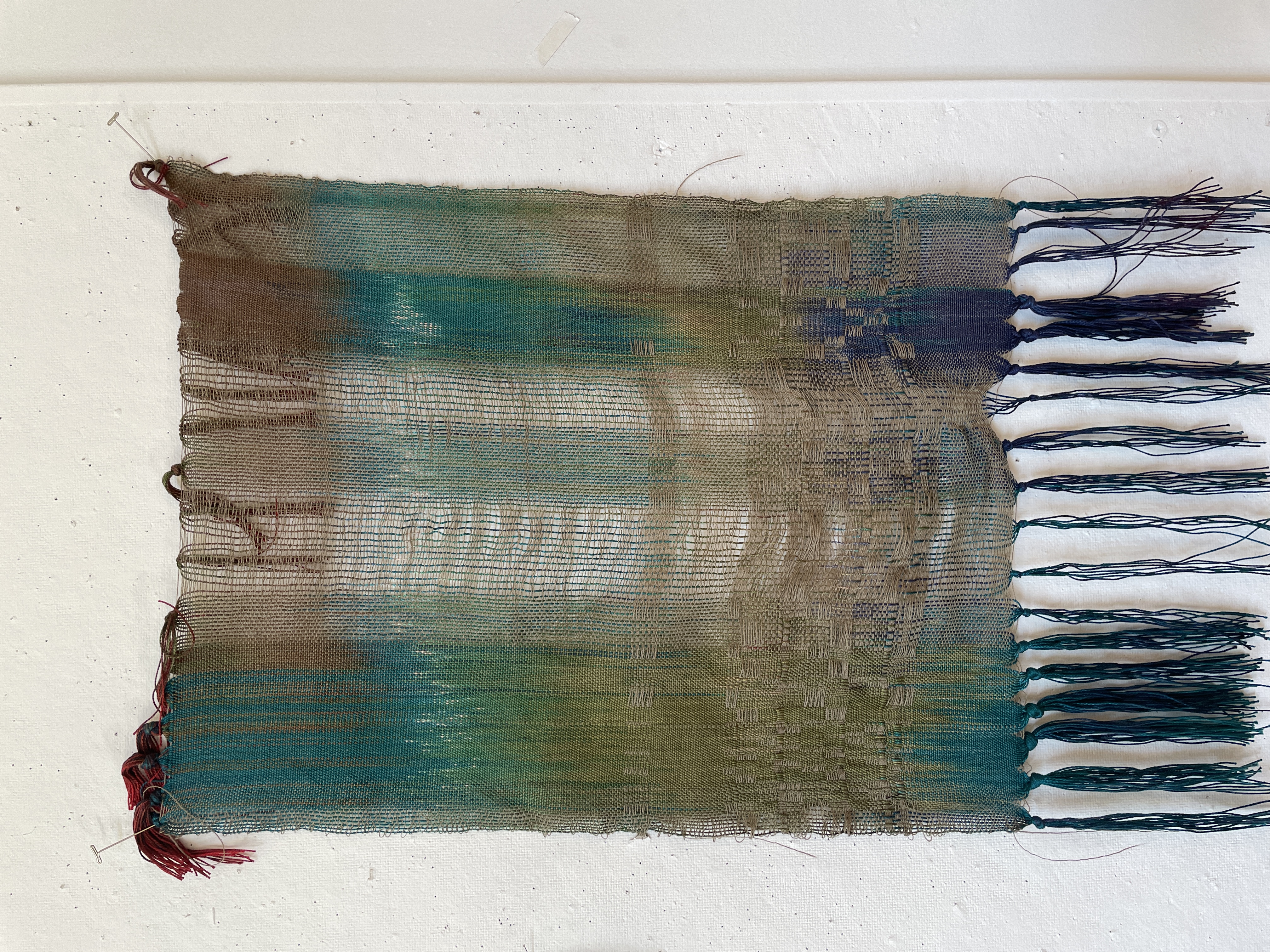 "Squeeze" before overdyeing, custom overshot draft and warp painting, 2023