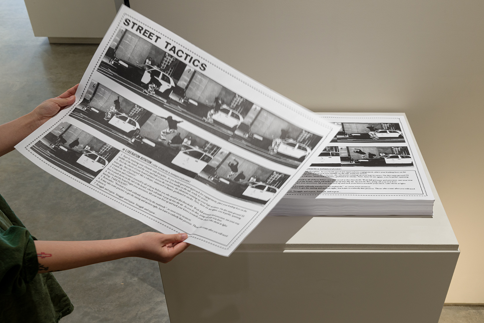 Jamal Cyrus, "Liberation Rotation (Ollie Towards a Metamorphosis)," 2020/2023. Stack of posters, 18 x 24 inches each. Photo by Etienne Frossard.