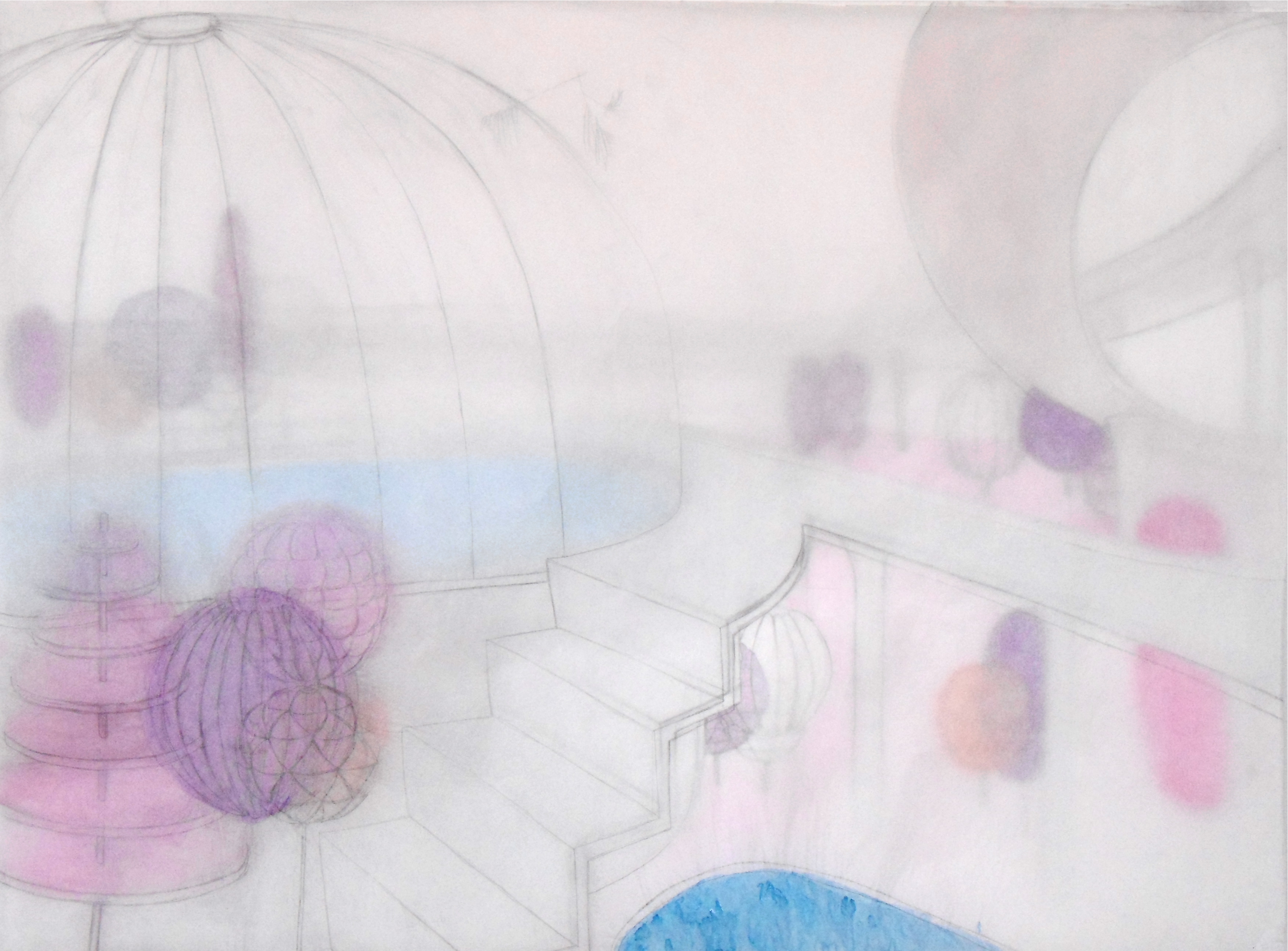 Delights II, watercolor and graphite on layered paper, 34” x 27 x 2”, 2014