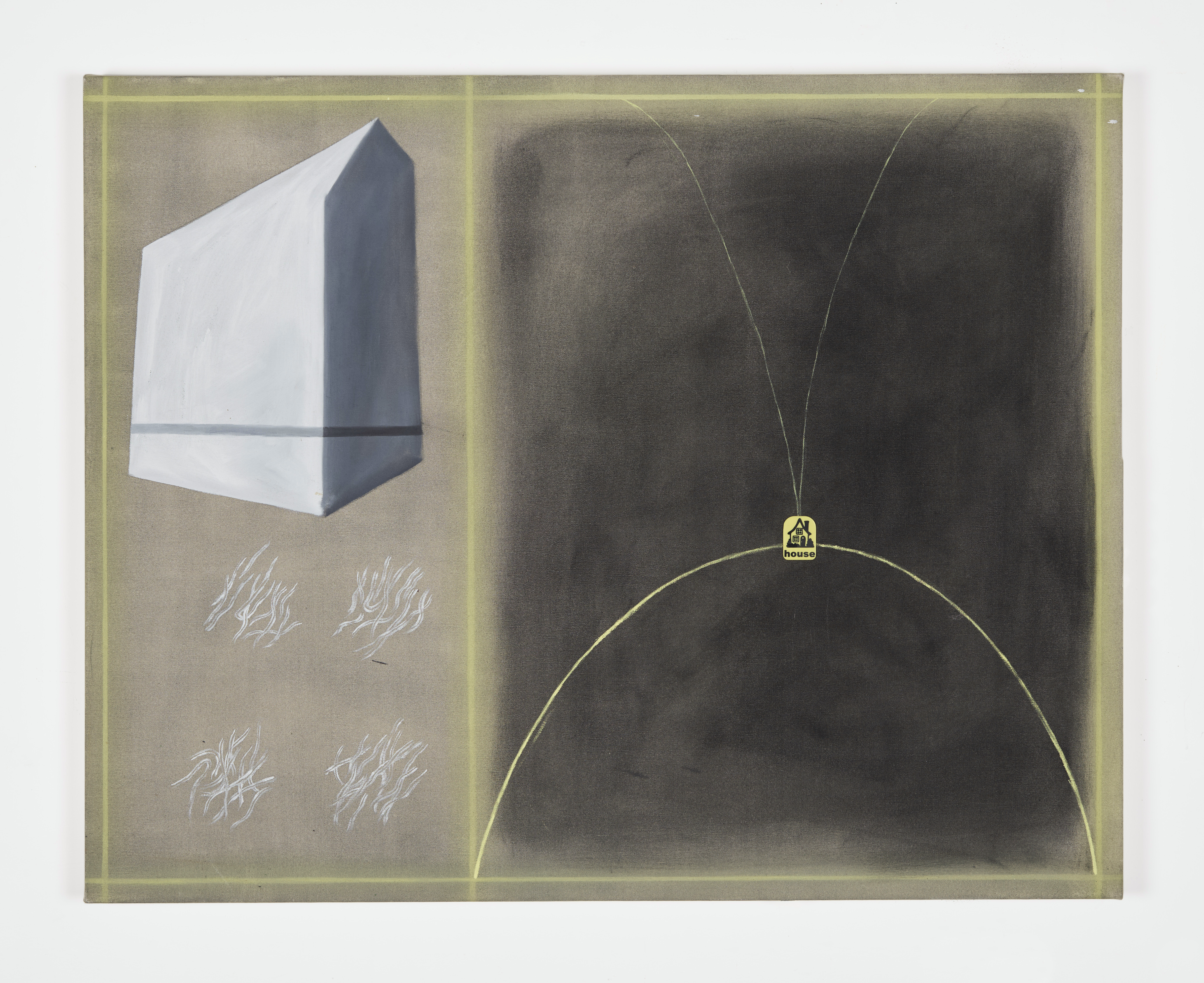 Vinalhaven, 2022, Oil paint, charcoal, and plastic game piece on canvas, 37”x29”.