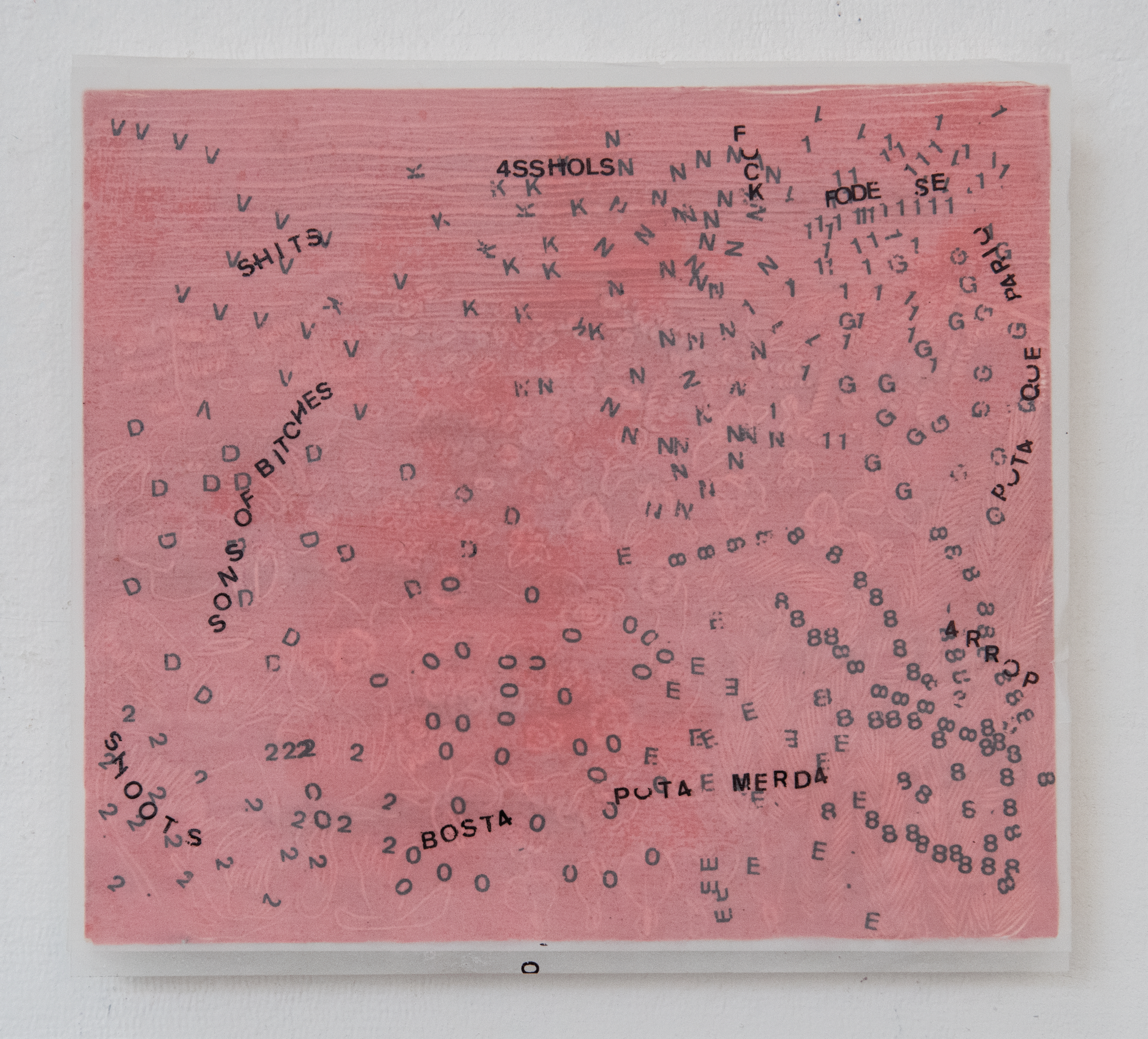 "Layout Plan of the Pancake Thrown at a Painting from the Perspective of a Bird", 2023, Press-On Vinyl Letters on Velum, On Wood 9.25” x 8.5”