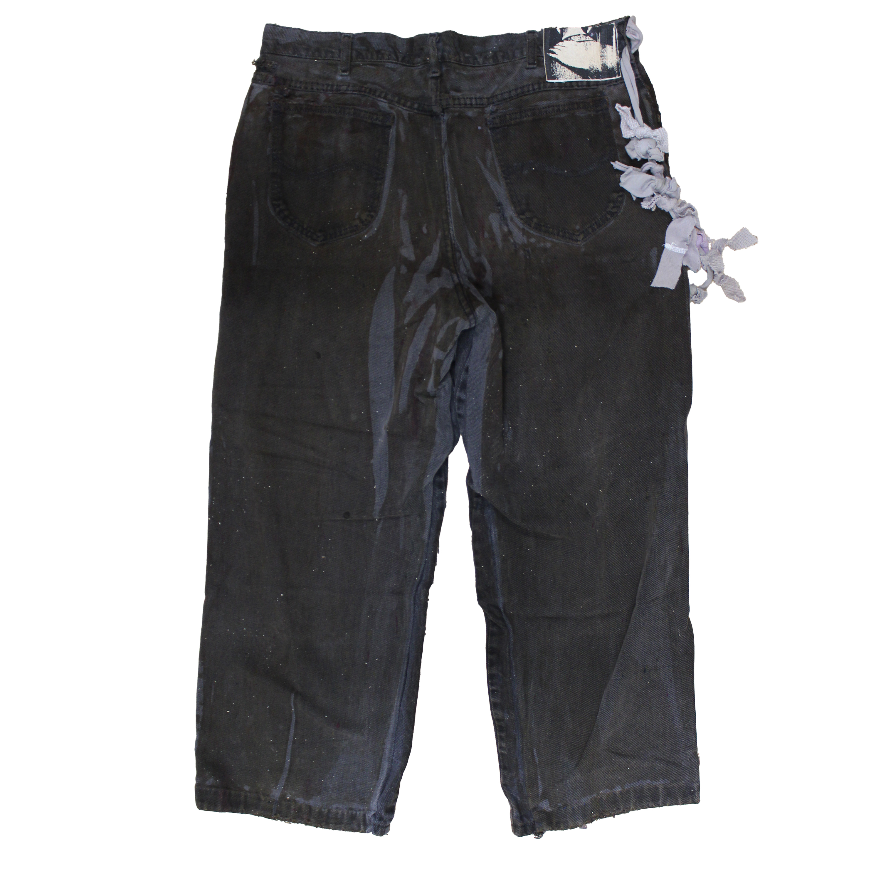 reclaimed vintage surplus denim screen printed with textile dye & various metals. tailored for straight/wide fit. fitted with custom keychain, scrap chain, and leather patches