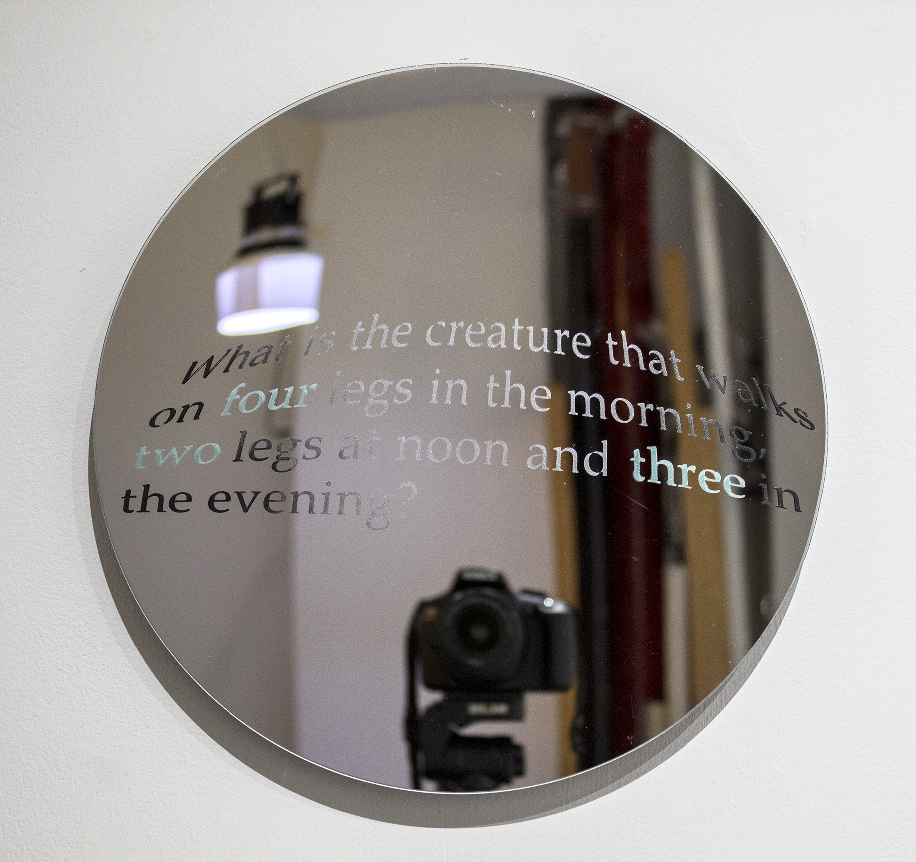 Riddle 2020, silkscreen on mirror, 12-inch diameter / 30 cm diameter, edition of 7 + 2 AP