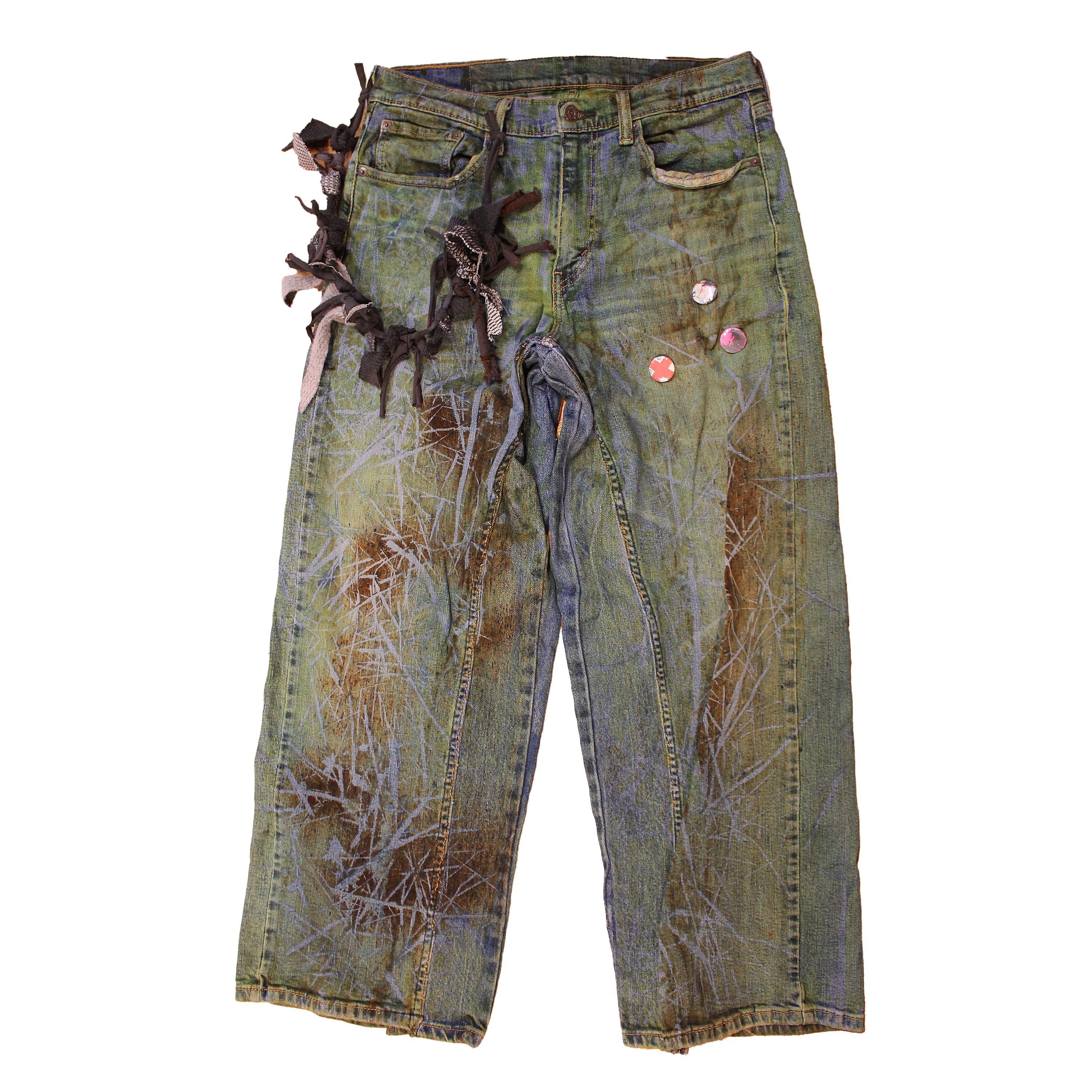 reclaimed vintage surplus denim screen printed with textile dye & various metals. tailored for straight/wide fit. fitted with custom keychain, scrap chain, and leather patches