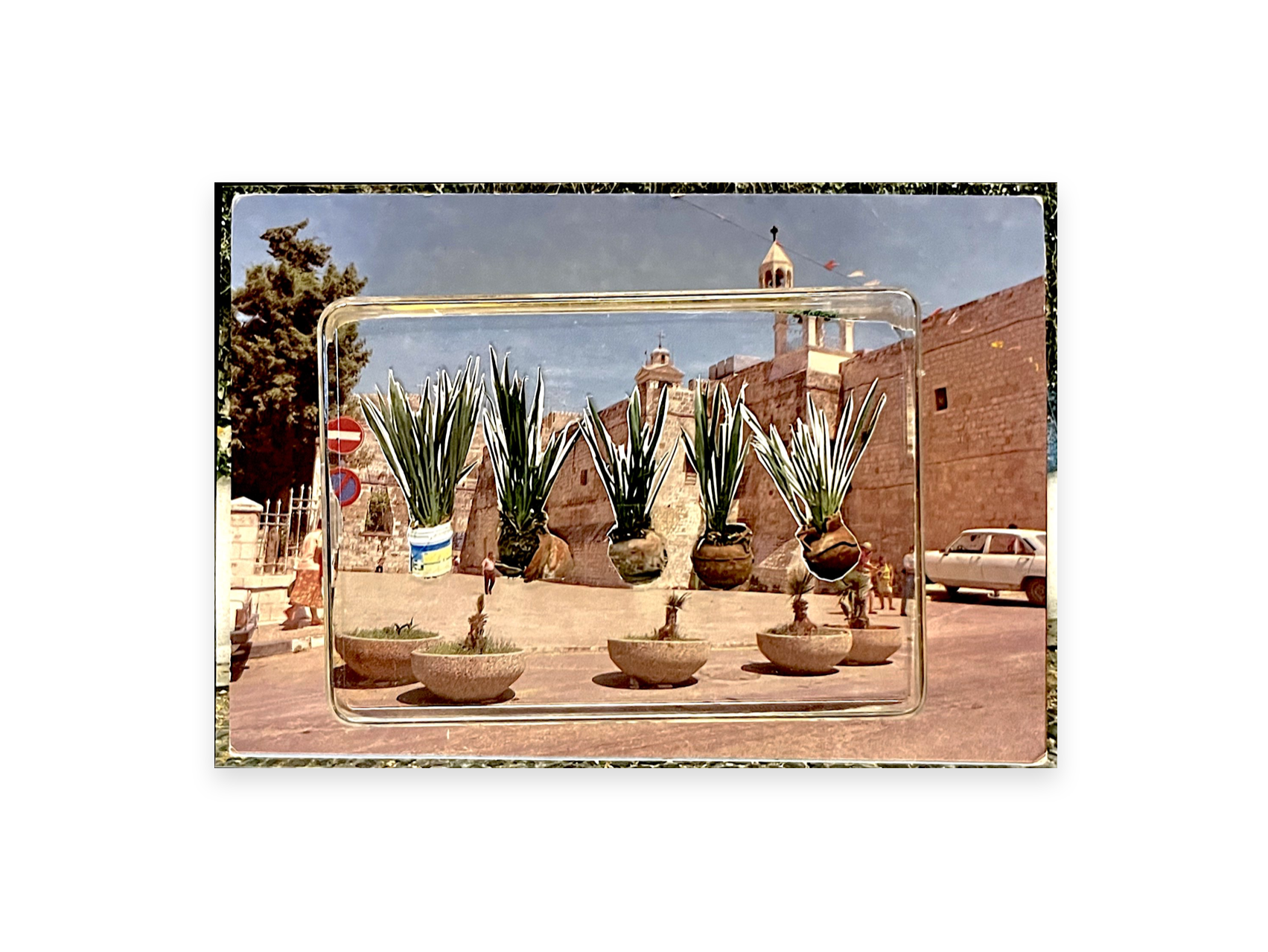 Sign (photograph, postcard, acrylic case, sponge, a memory)