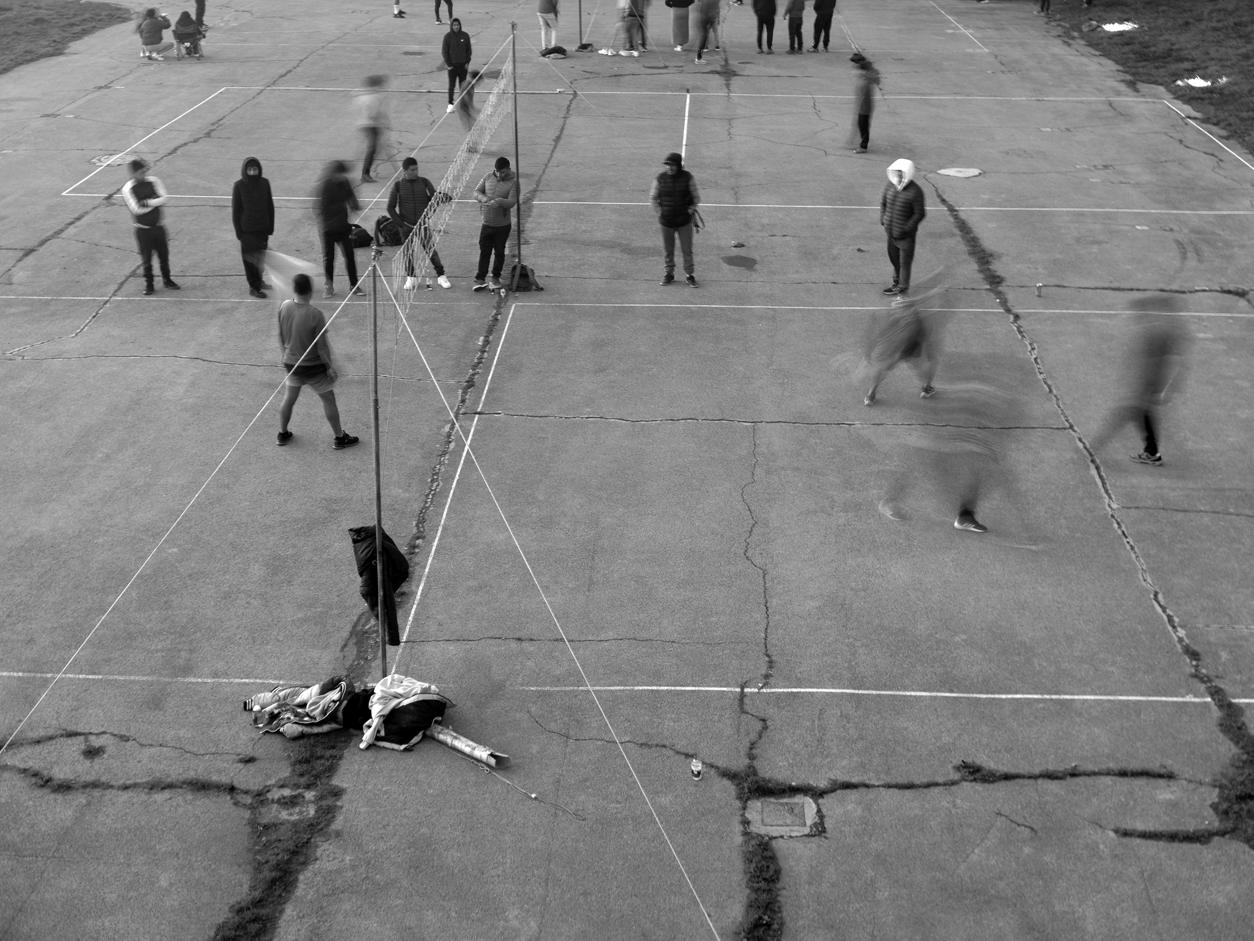 Public volleyball courts on Sunday afternoonPamplona, Spain, 2024photography, bw, single