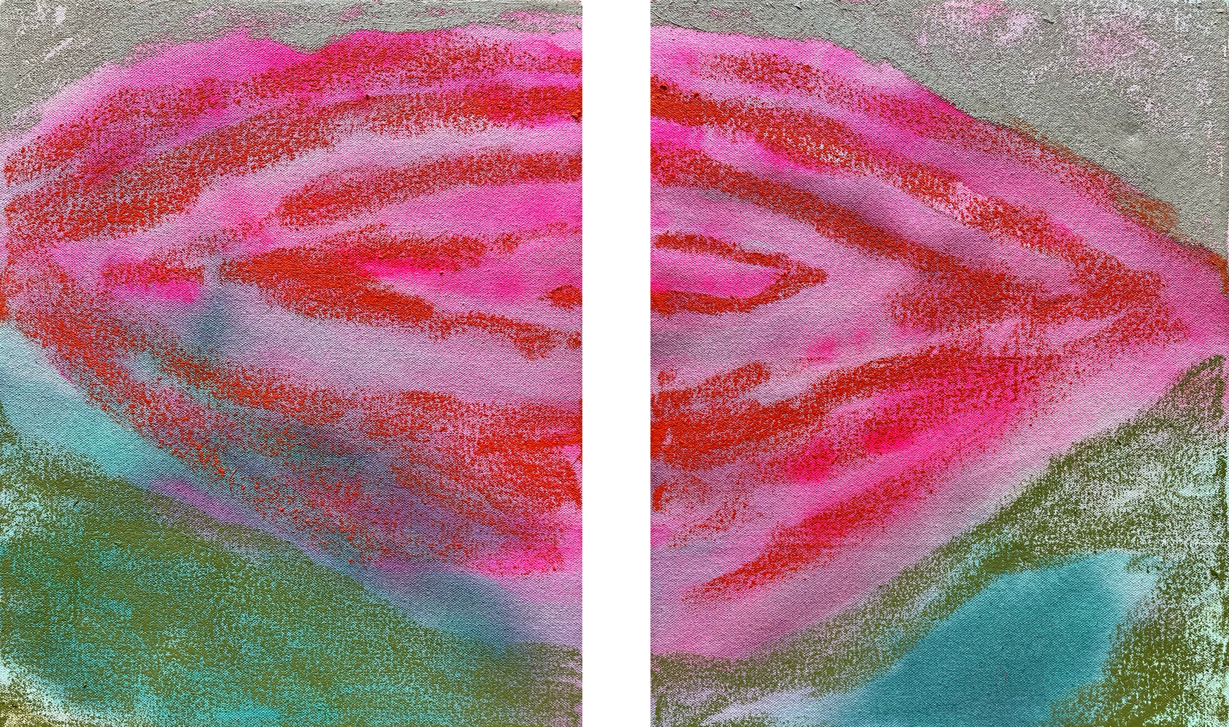 Flower Pool, Diptych (2023), acrylic and oil stick on canvas. 11 x 28 inches.
