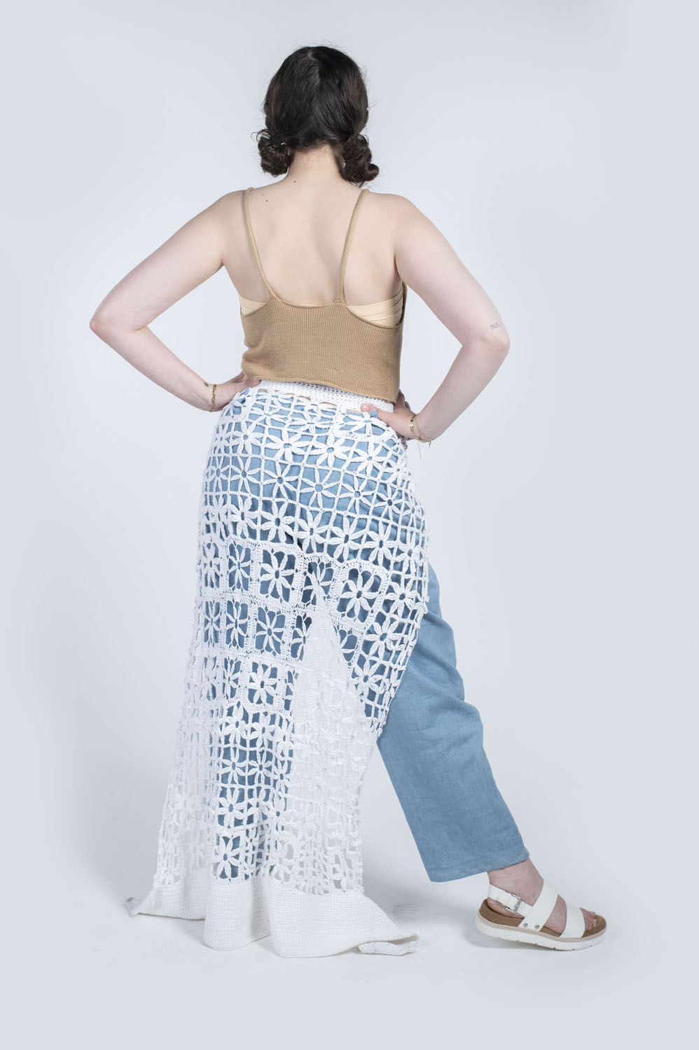 Season of Growth - Look #5Materials: Mercerized cotton yarn, eco-organic cotton yarn, bamboo yarn, stretch denim, Size 14 PGM, 2022Photographer: Amanda Bizarro