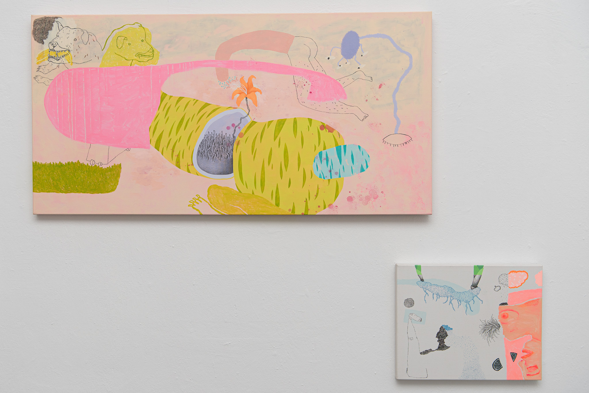 (top) panthers leaping from her spit, 2020, mixed media on canvas, 70 x 140 cm(bottom) gently peel edges, 2019, mixed media on canvas, 40 x 50 cm